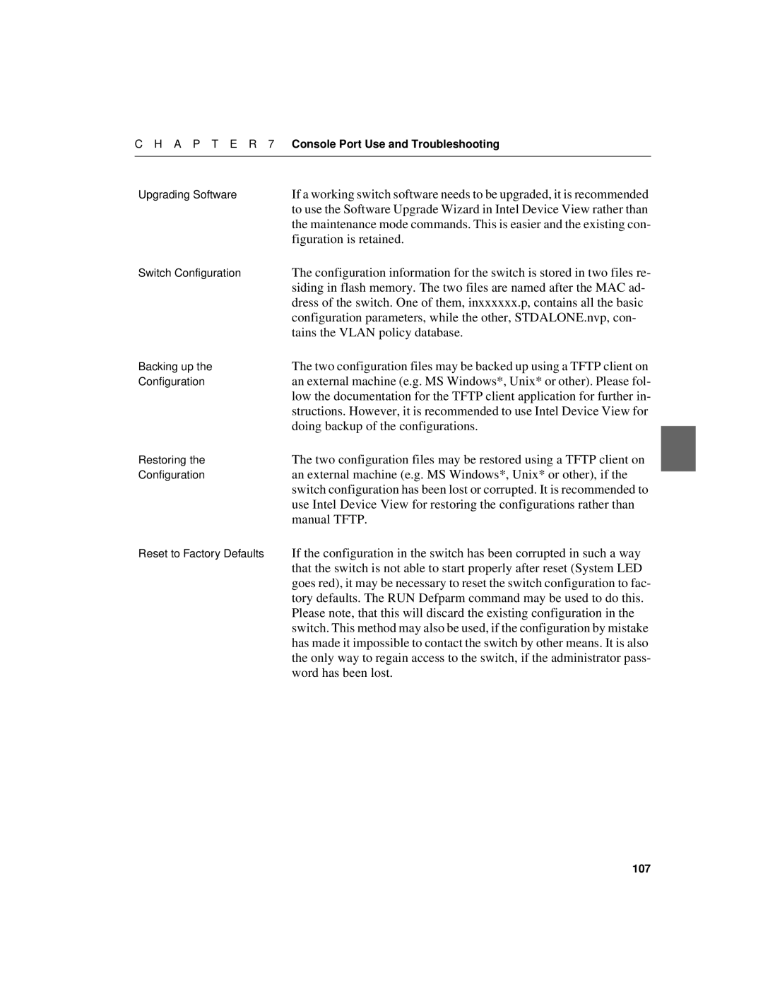 Intel 520T manual Tains the Vlan policy database, Doing backup of the configurations, Manual Tftp, Word has been lost 