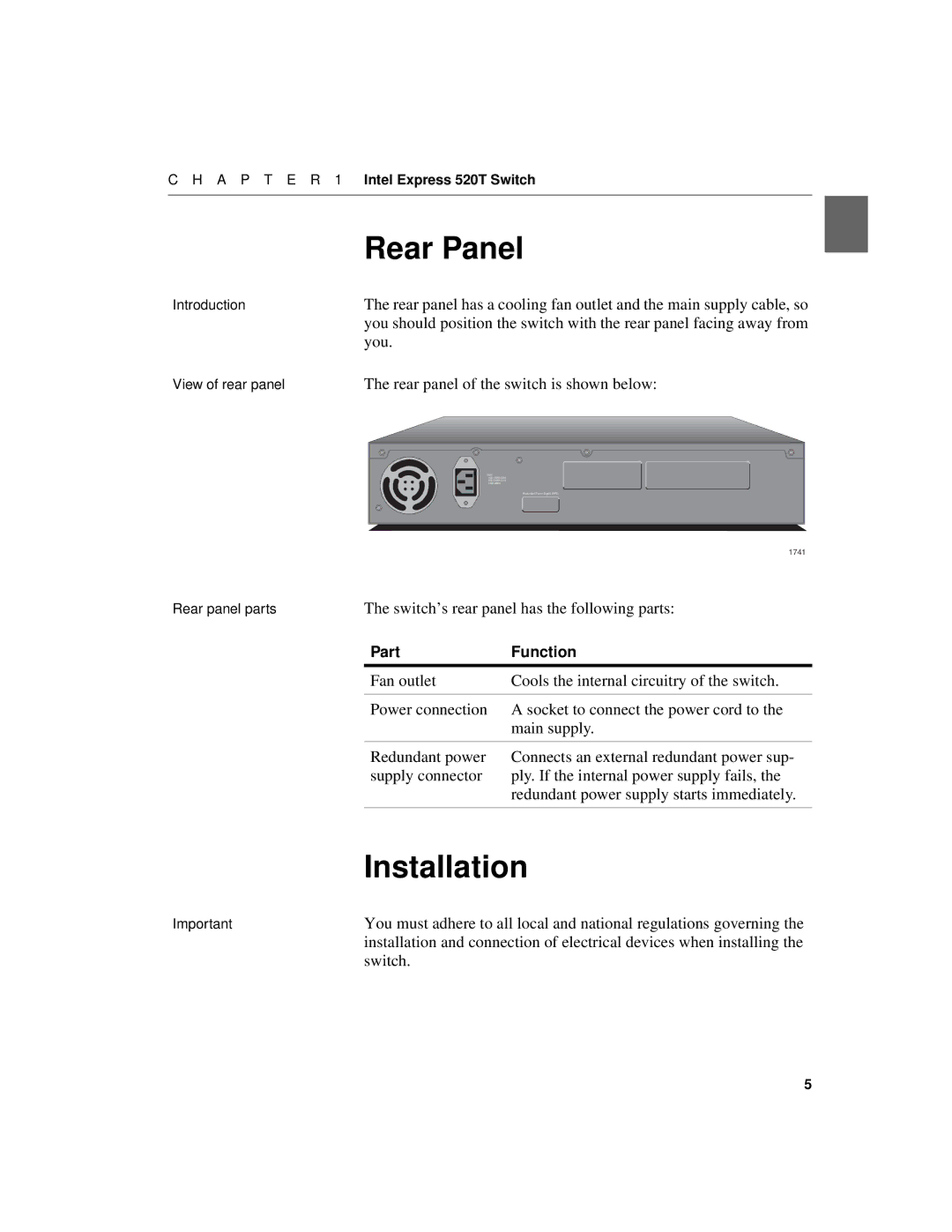 Intel 520T manual Rear Panel, Installation, Switch’s rear panel has the following parts 