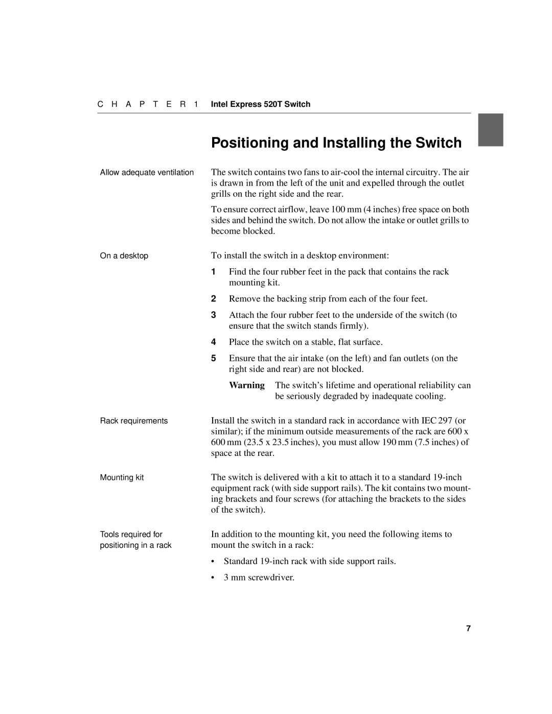 Intel 520T manual Positioning and Installing the Switch 