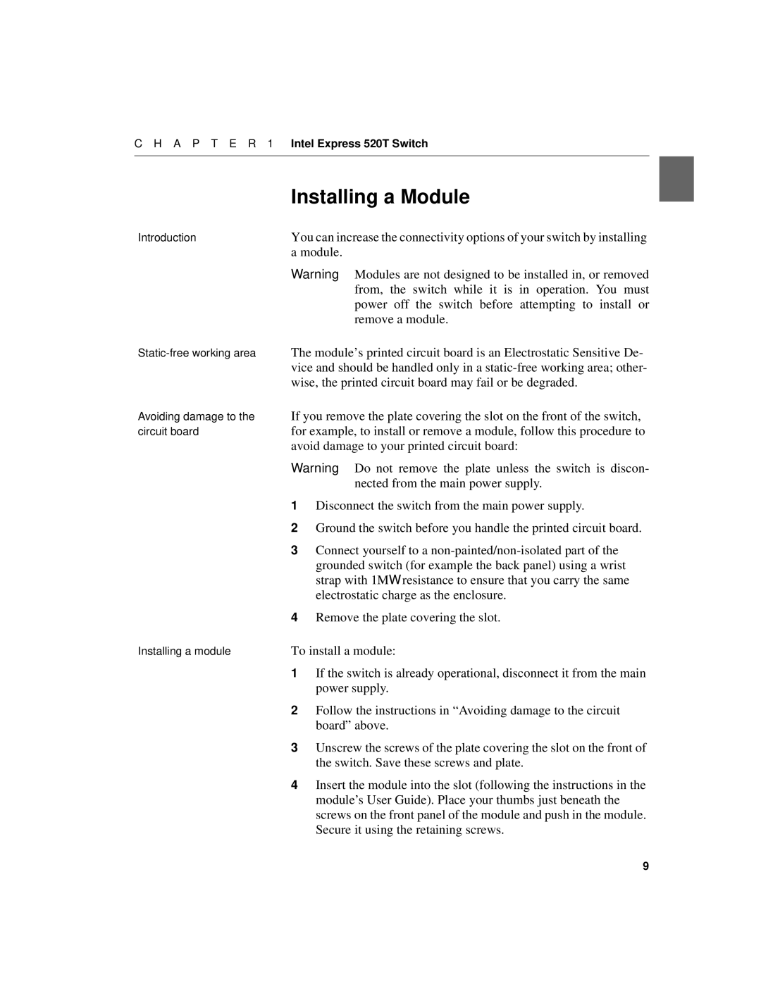 Intel 520T manual Installing a Module 