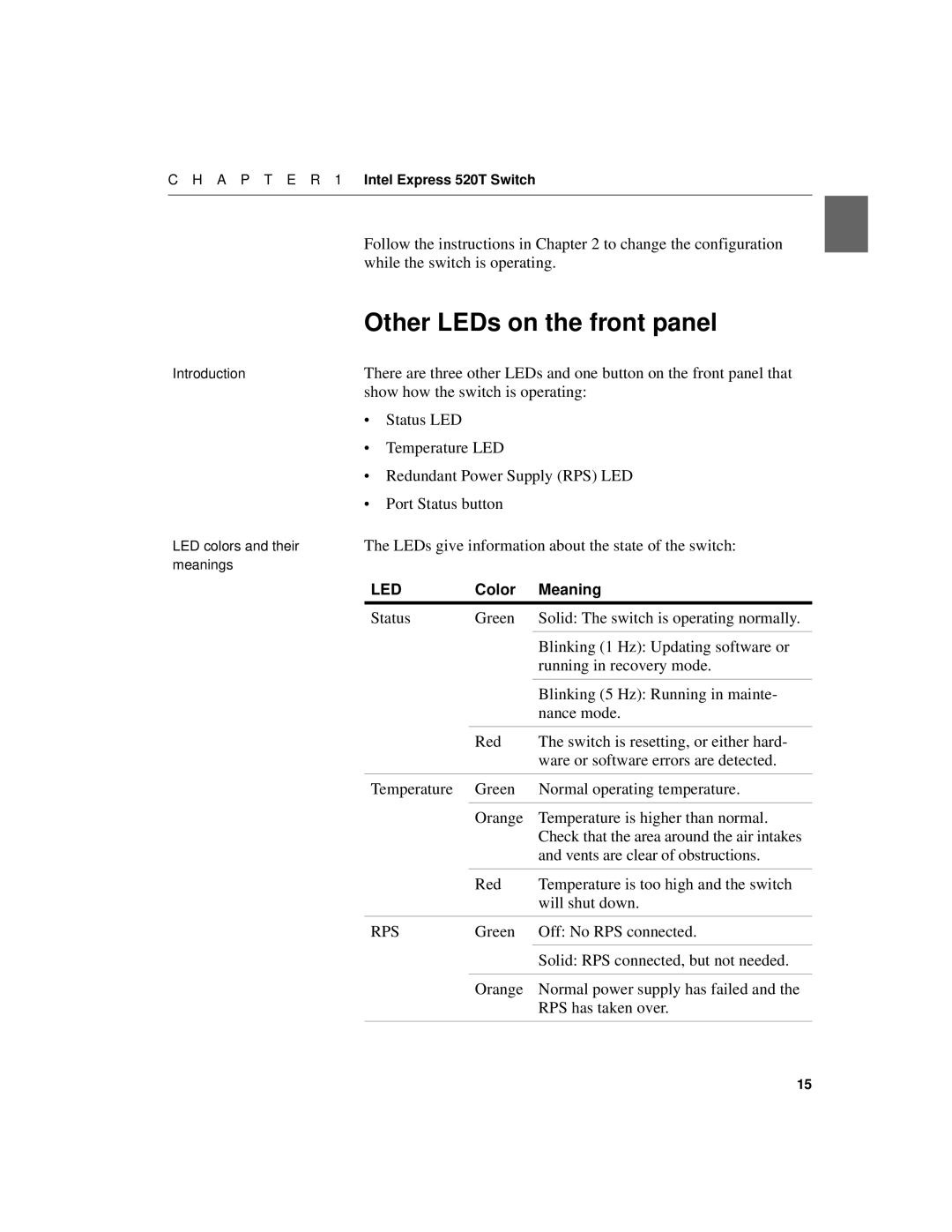 Intel 520T manual Other LEDs on the front panel, Show how the switch is operating 