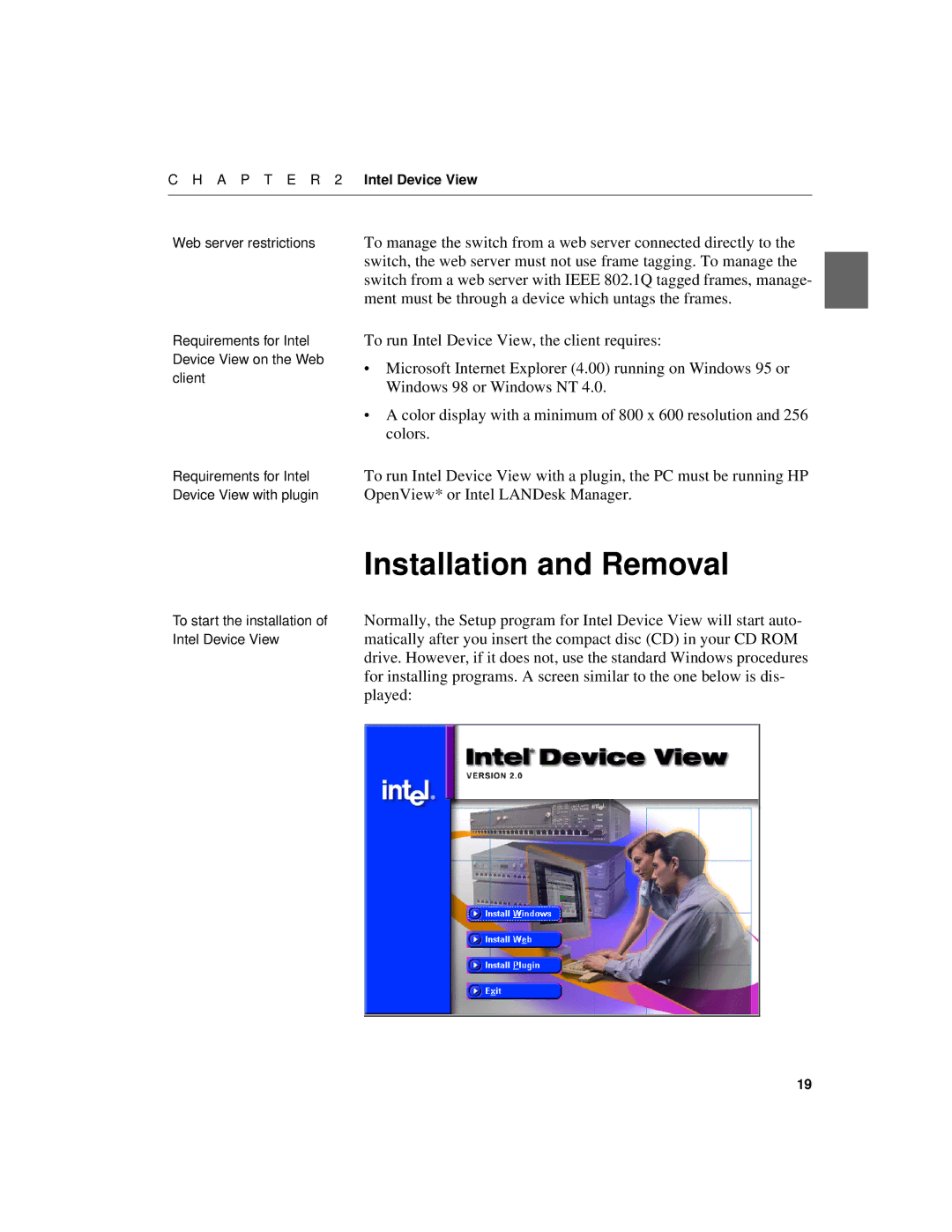 Intel 520T manual Installation and Removal, OpenView* or Intel LANDesk Manager 