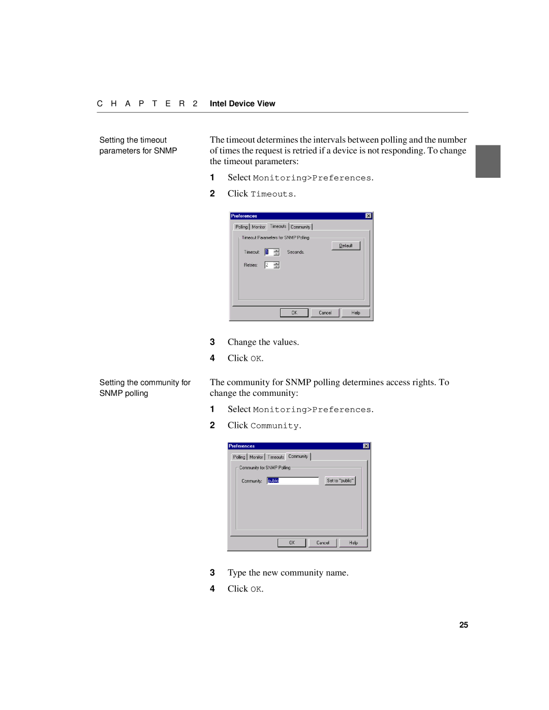 Intel 520T manual Timeout parameters, Change the values, Change the community, Type the new community name Click OK 