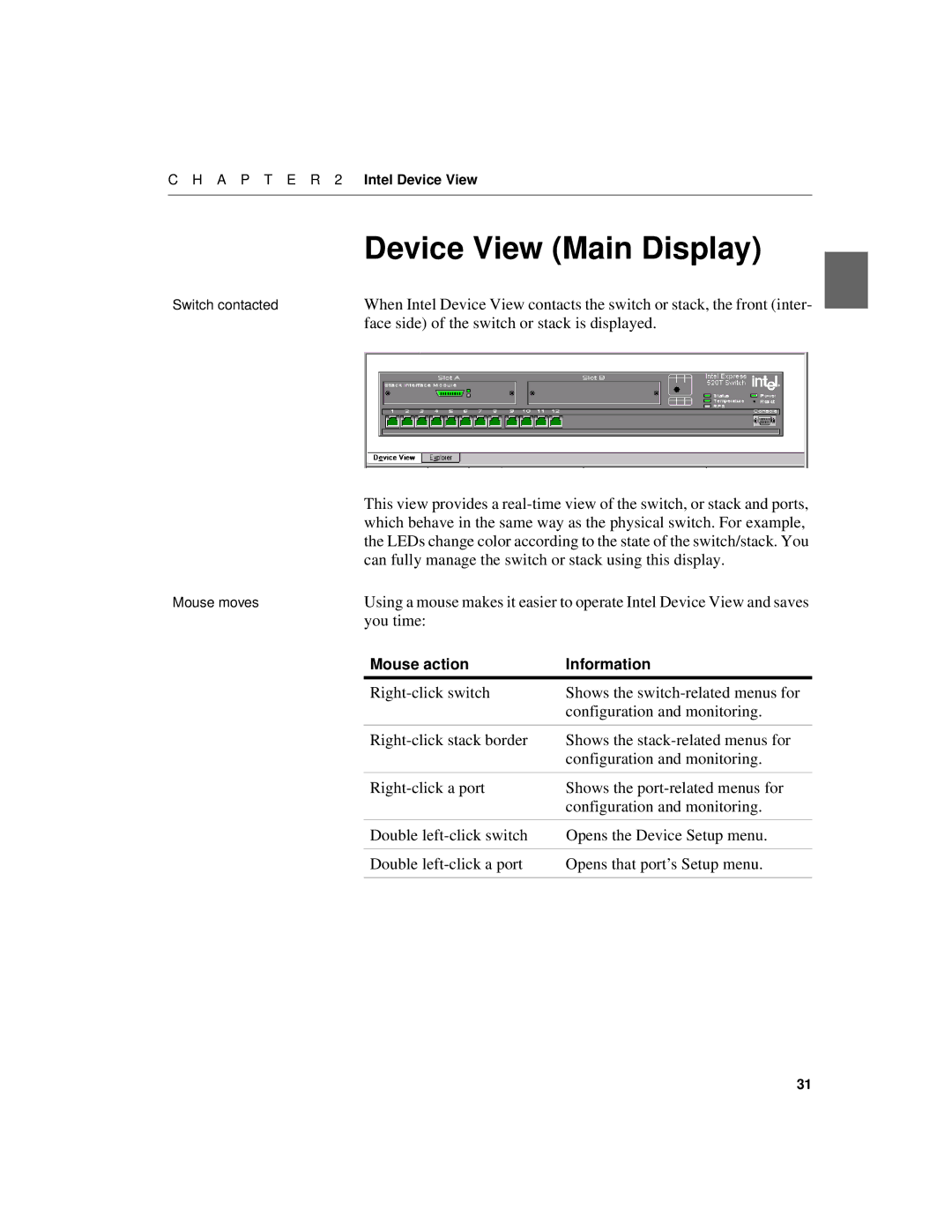 Intel 520T manual Device View Main Display, Face side of the switch or stack is displayed, You time 