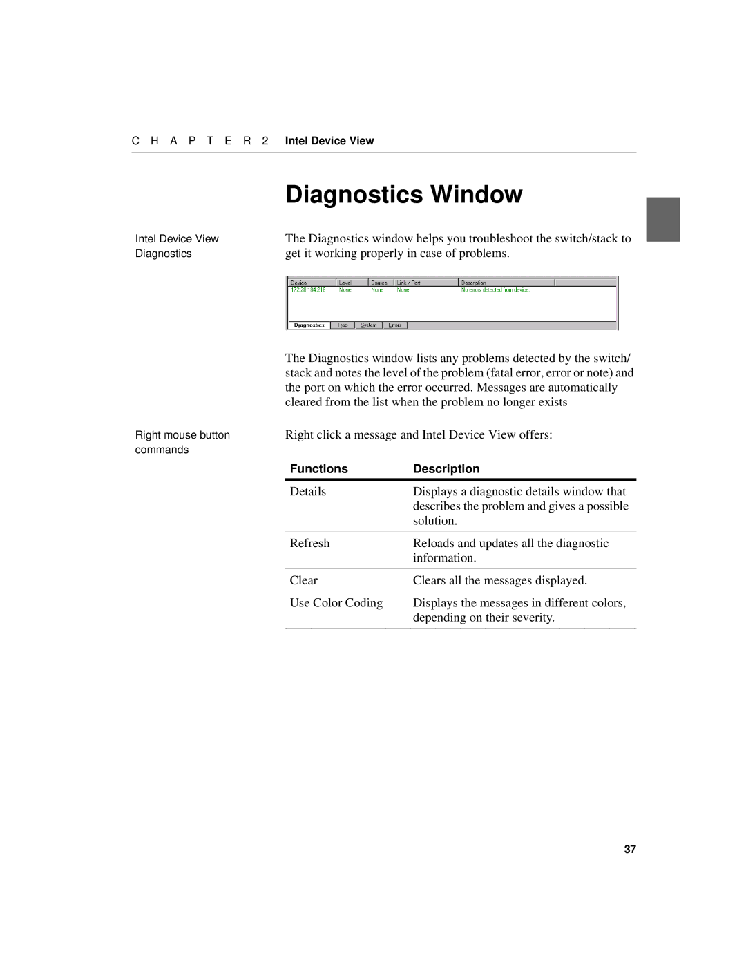 Intel 520T manual Diagnostics Window, Get it working properly in case of problems 