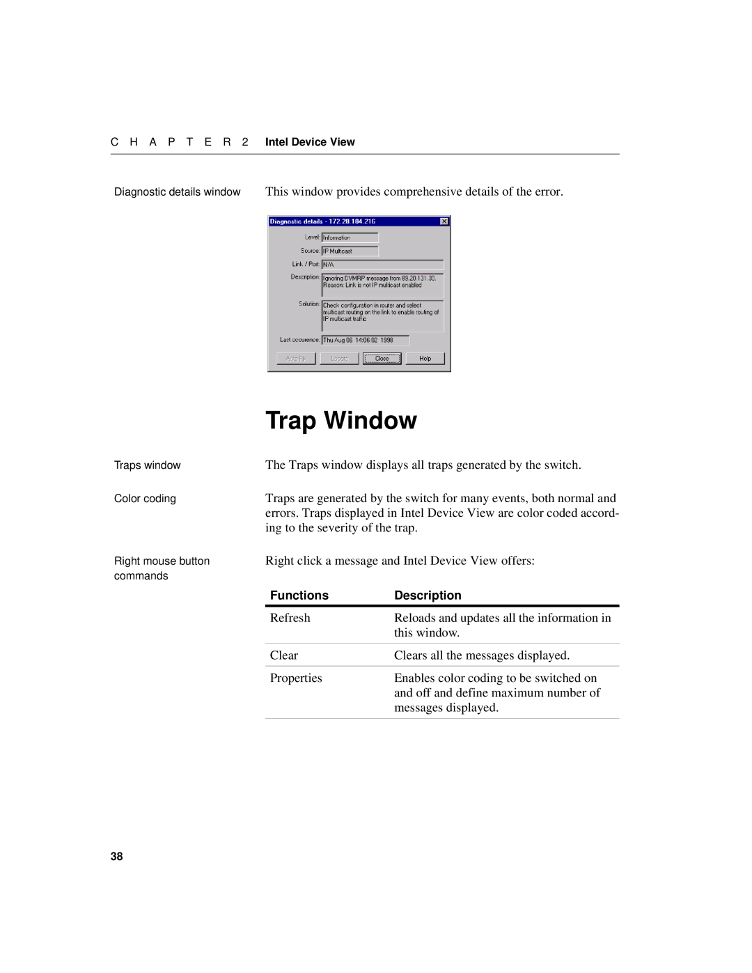 Intel 520T manual Trap Window, Traps window displays all traps generated by the switch, Ing to the severity of the trap 