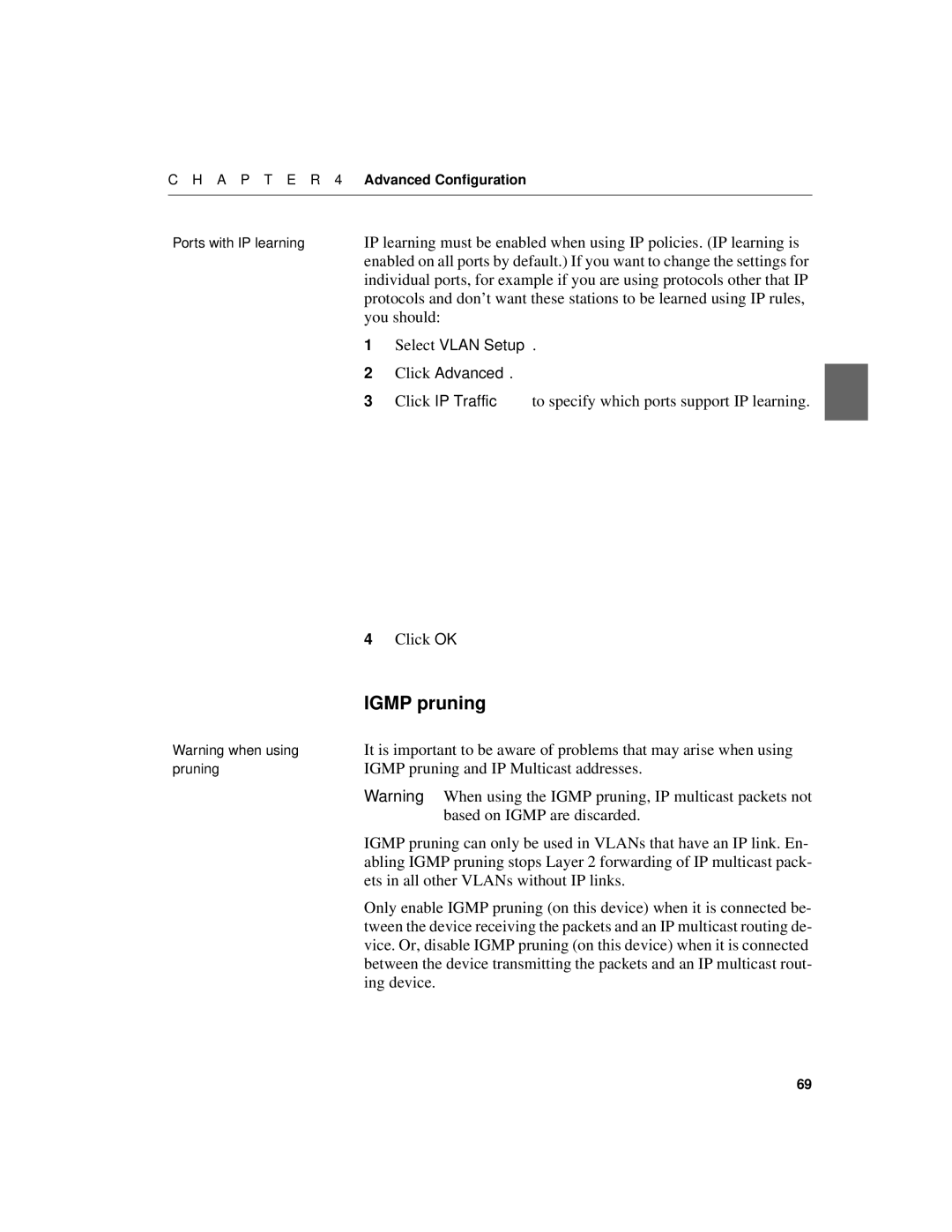 Intel 520T manual You should, Igmp pruning and IP Multicast addresses, Based on Igmp are discarded, Ing device 