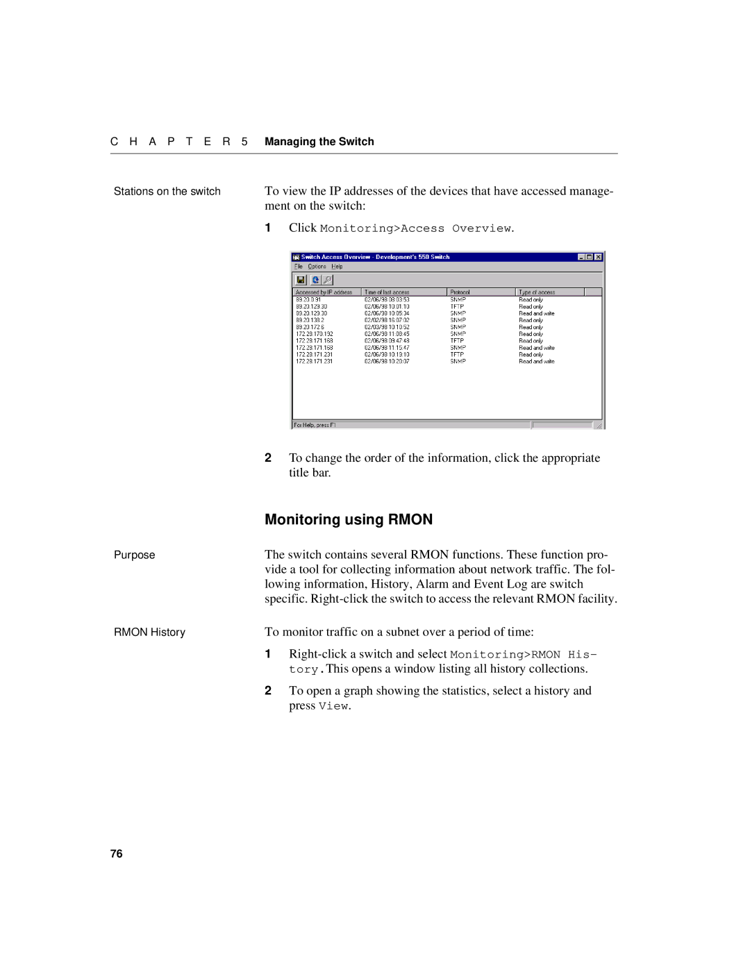 Intel 520T manual Ment on the switch, Switch contains several Rmon functions. These function pro, Press View 