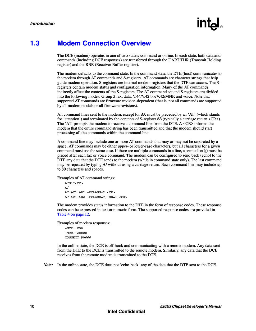Intel 536EX manual 1.3Modem Connection Overview, Intel Confidential, Introduction 