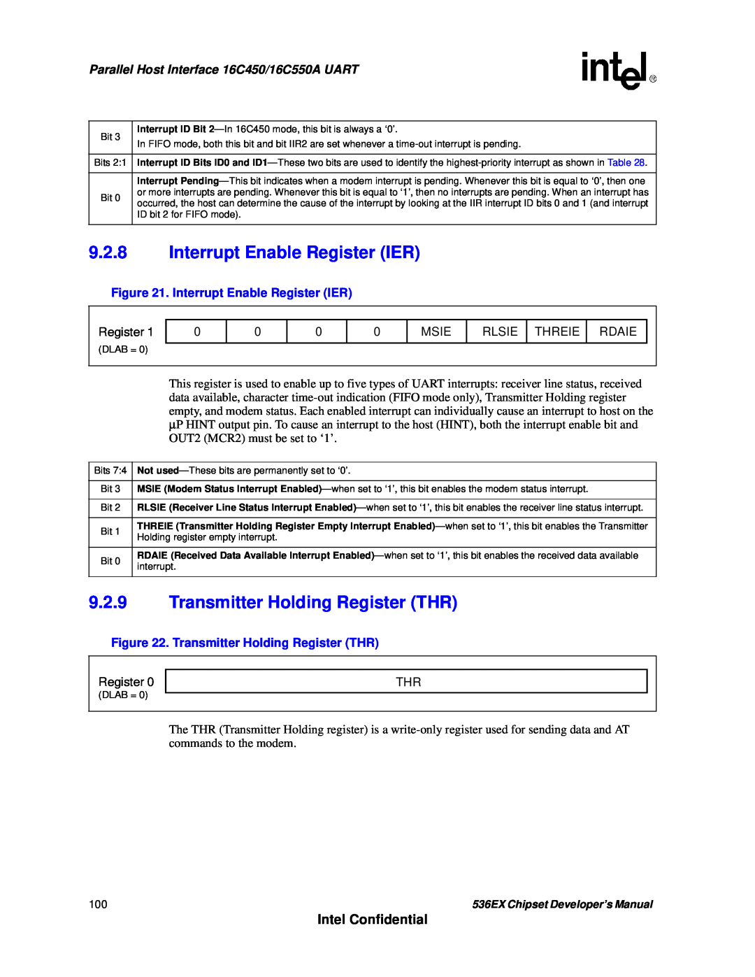 Intel 536EX manual 9.2.8Interrupt Enable Register IER, 9.2.9Transmitter Holding Register THR, Intel Confidential 