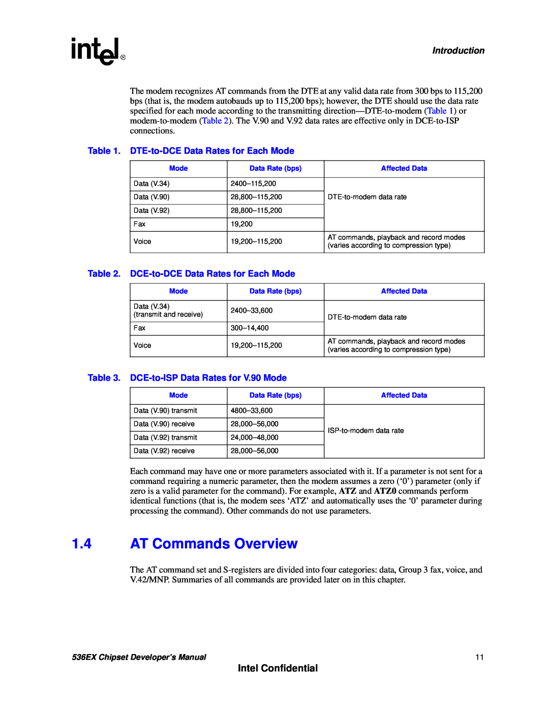 Intel 536EX manual Intel Confidential, Introduction, DTE-to-DCEData Rates for Each Mode, DCE-to-DCEData Rates for Each Mode 