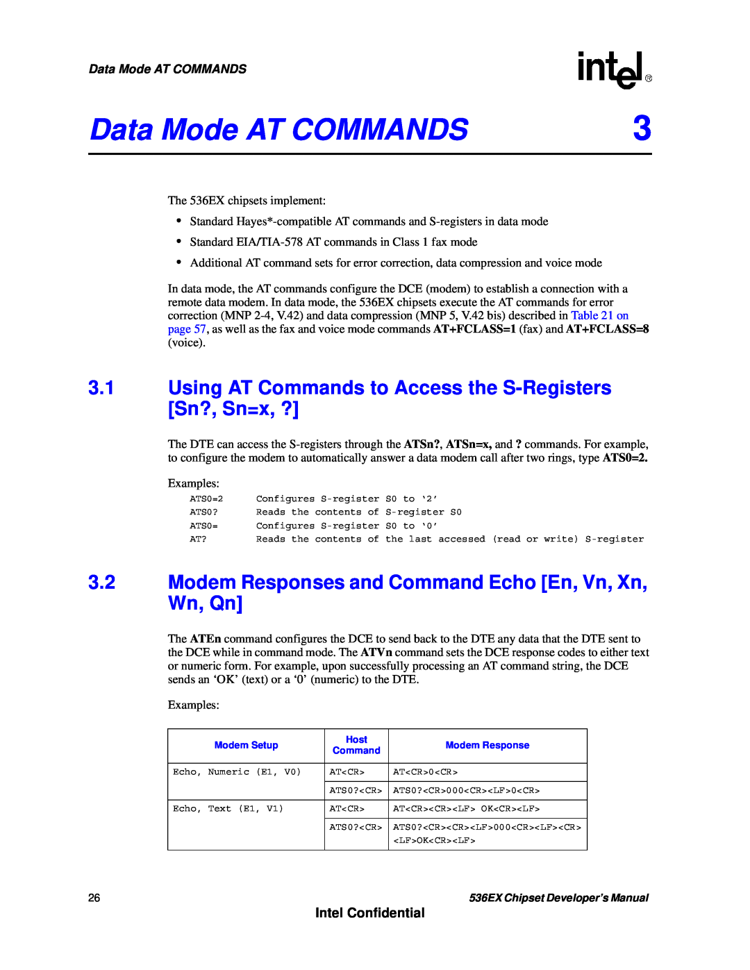 Intel 536EX manual Data Mode AT COMMANDS 