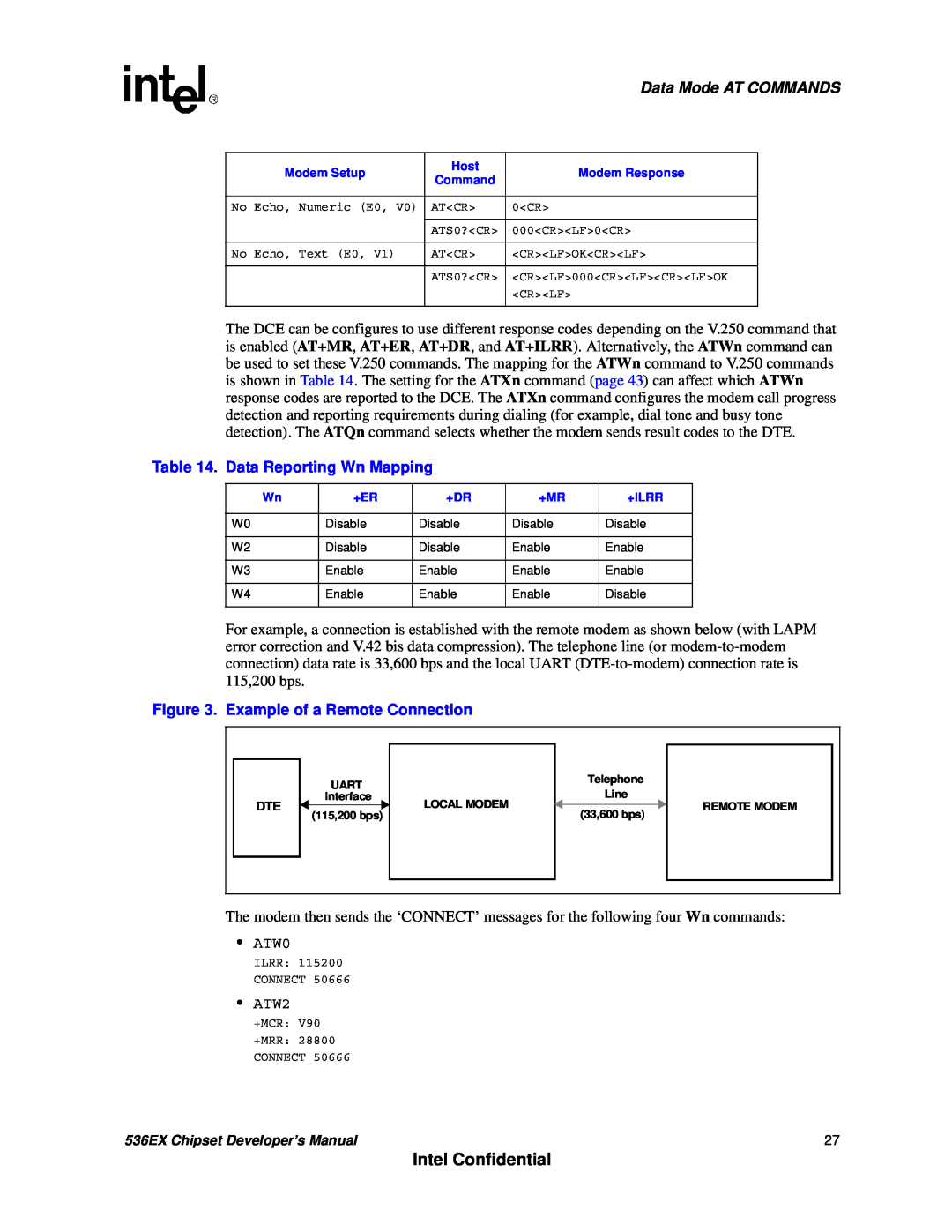 Intel 536EX Intel Confidential, Data Mode AT COMMANDS, Data Reporting Wn Mapping, Example of a Remote Connection, •ATW0 