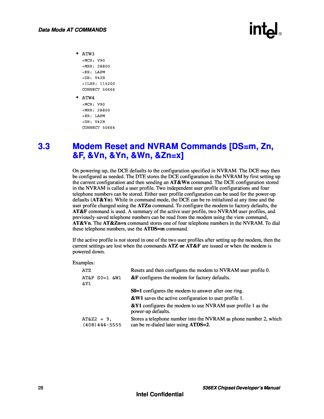 Intel 536EX manual Intel Confidential, Data Mode AT COMMANDS, Examples 