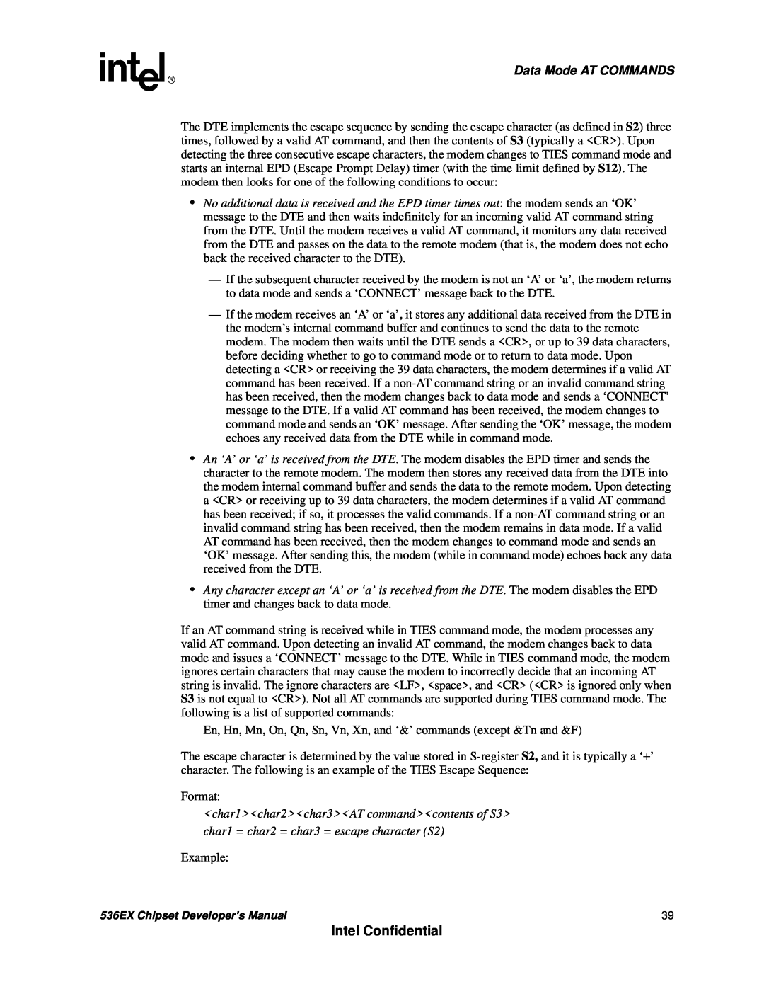 Intel 536EX manual Intel Confidential, Data Mode AT COMMANDS, Format, <char1><char2><char3><AT command><contents of S3> 