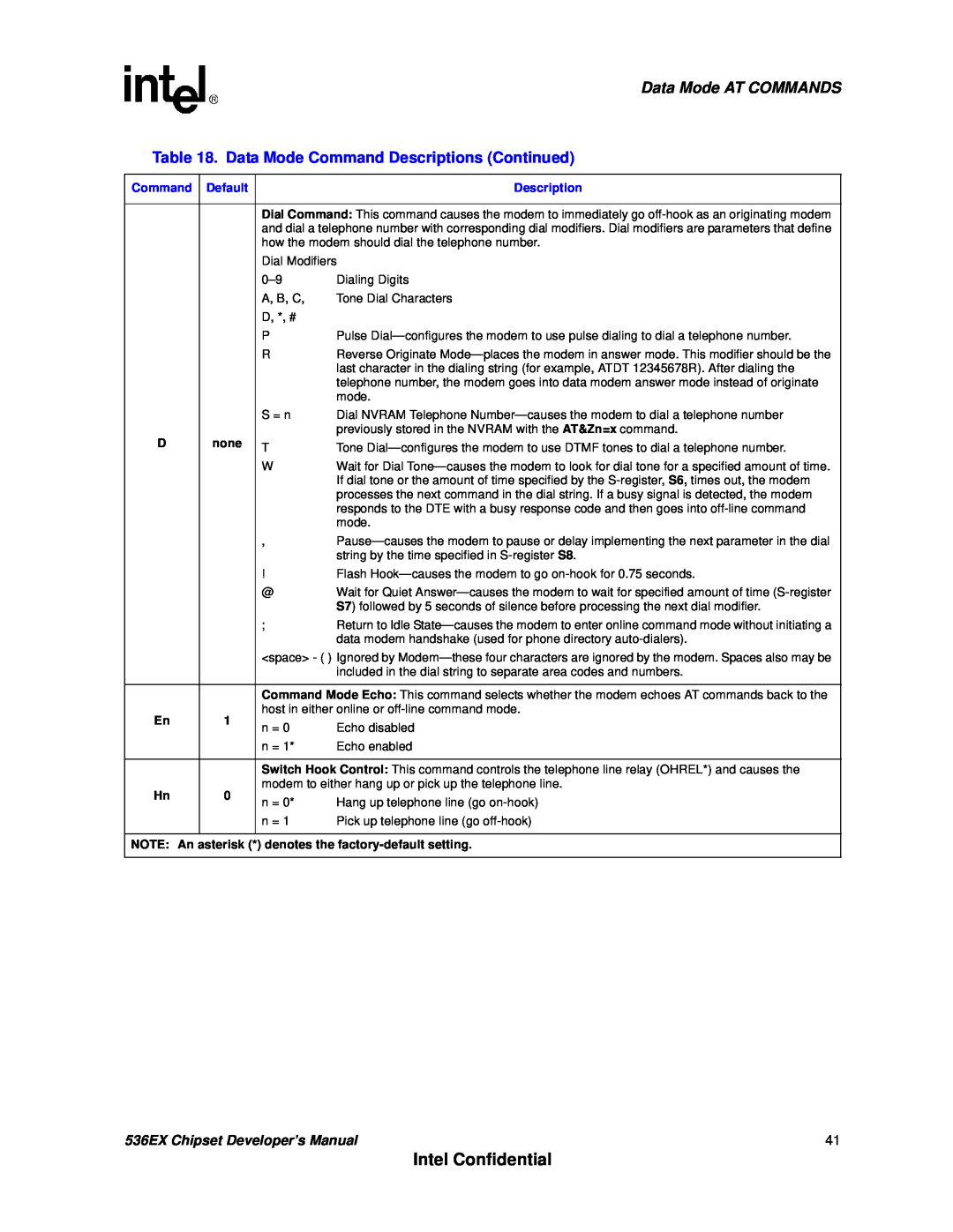 Intel manual Intel Confidential, Data Mode AT COMMANDS, 536EX Chipset Developer’s Manual 
