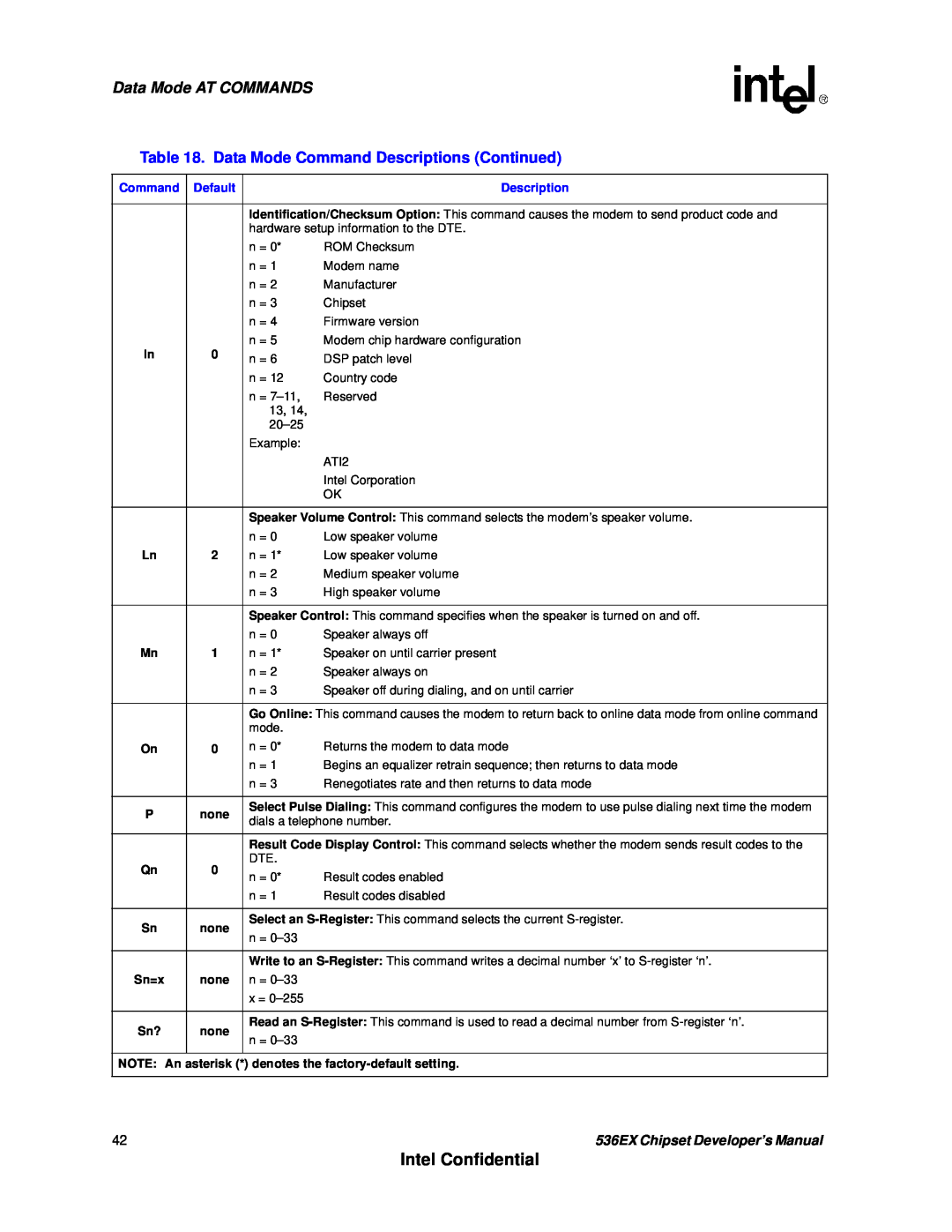 Intel manual Intel Confidential, Data Mode AT COMMANDS, Sn=x, 536EX Chipset Developer’s Manual 