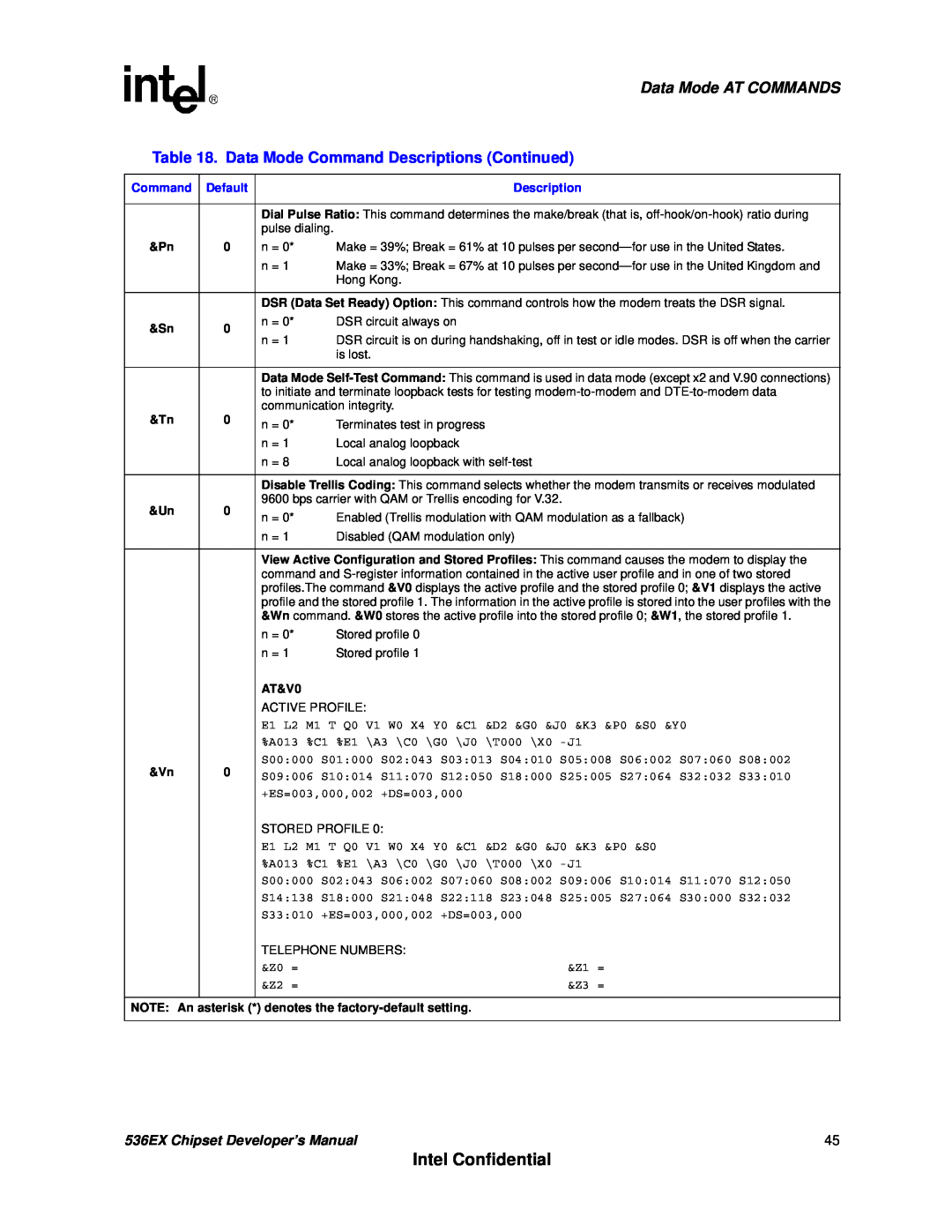Intel manual Intel Confidential, Data Mode AT COMMANDS, 536EX Chipset Developer’s Manual, AT&V0 