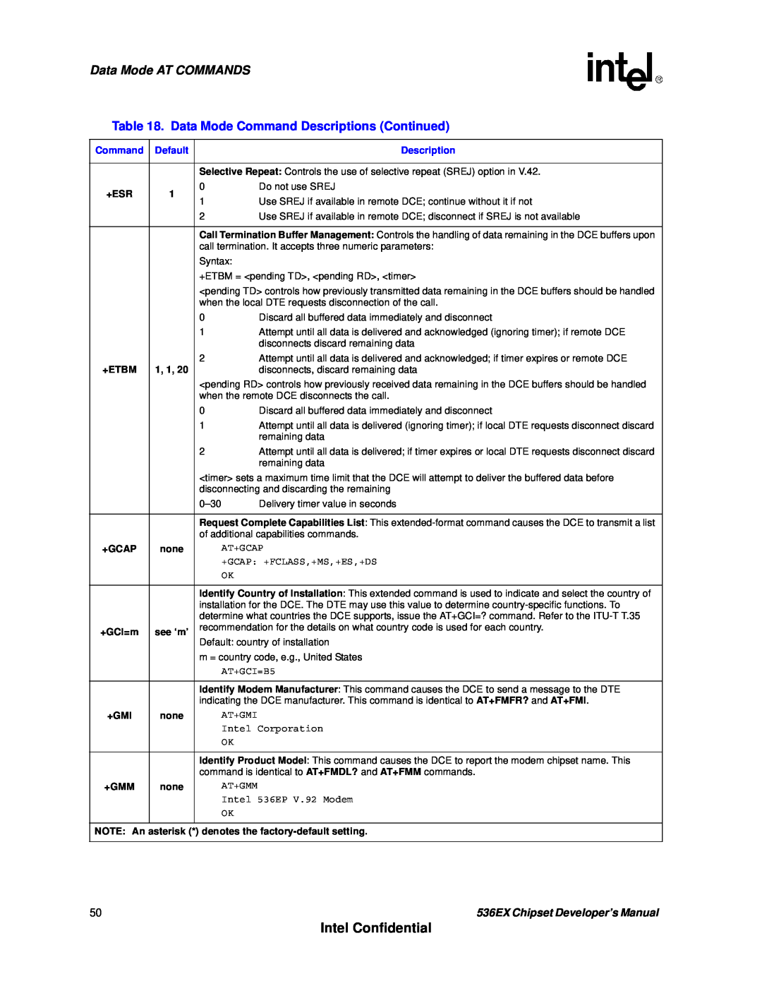 Intel manual Intel Confidential, Data Mode AT COMMANDS, +Esr, +Etbm, 1, 1, 536EX Chipset Developer’s Manual 