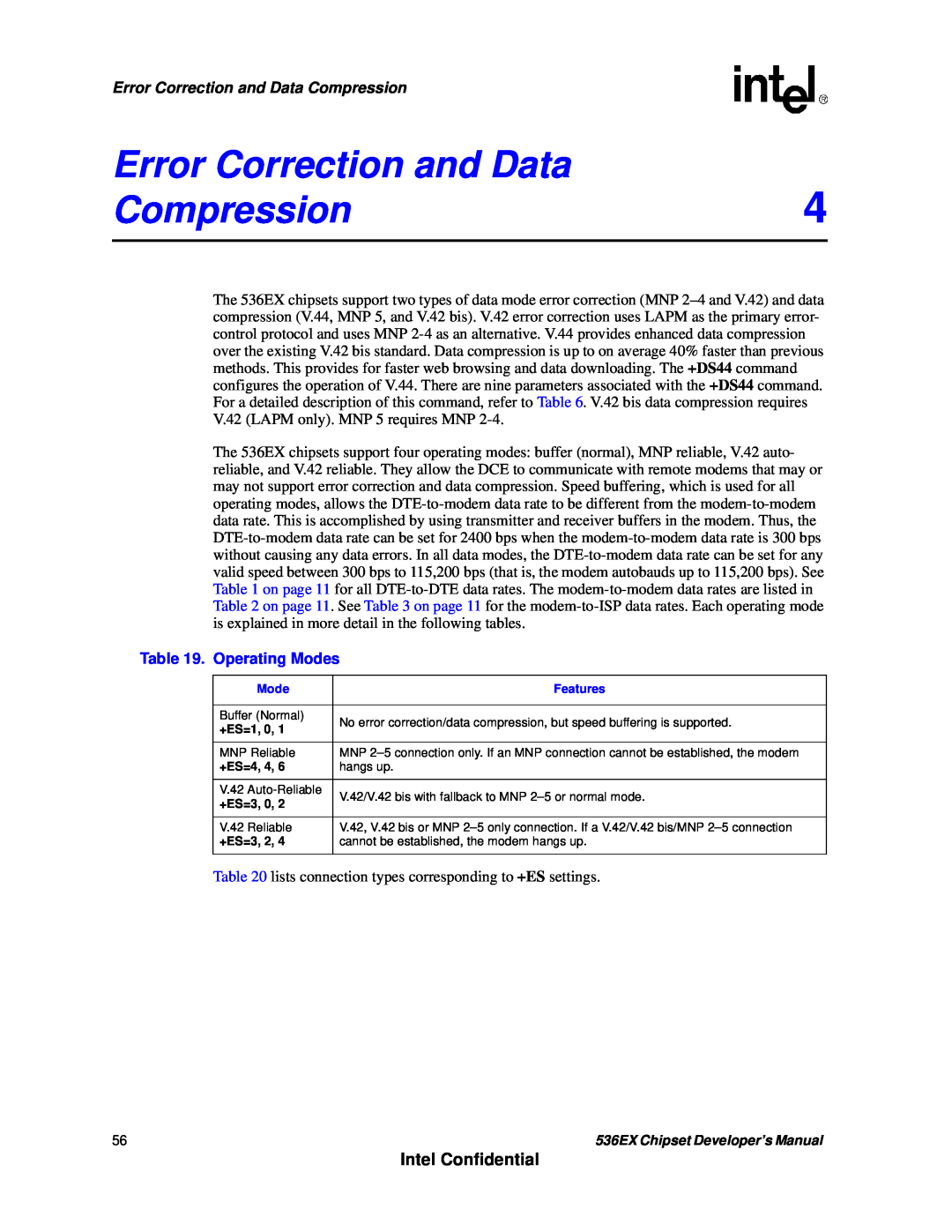 Intel 536EX manual Error Correction and Data Compression4, Intel Confidential, Operating Modes 