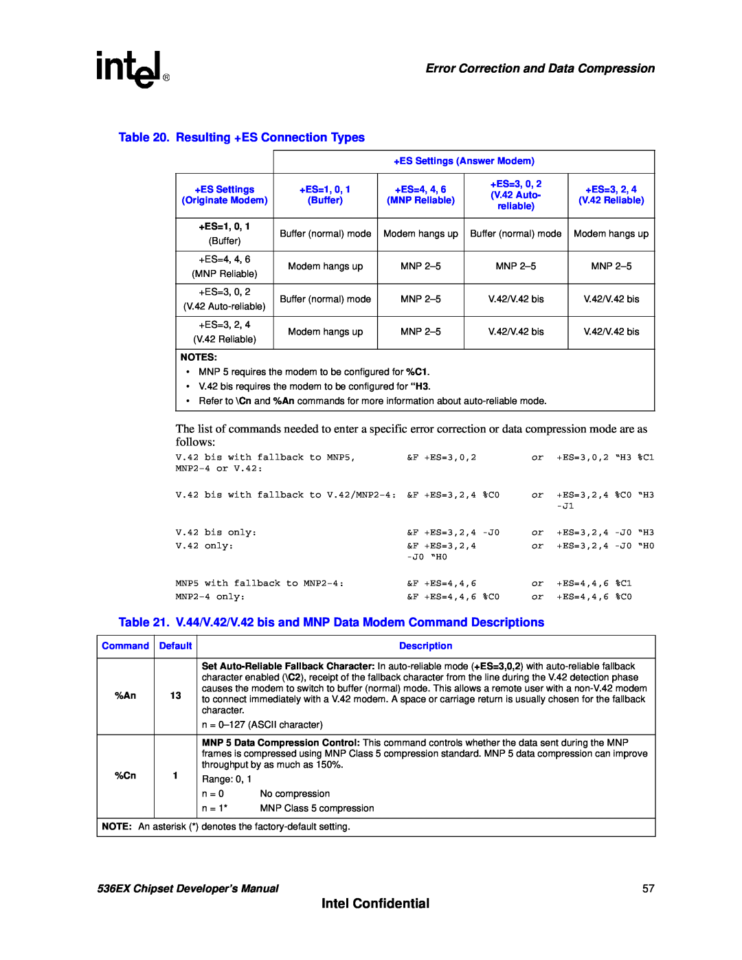 Intel 536EX Intel Confidential, Error Correction and Data Compression, Resulting +ES Connection Types, +ES=1, 0, Notes 