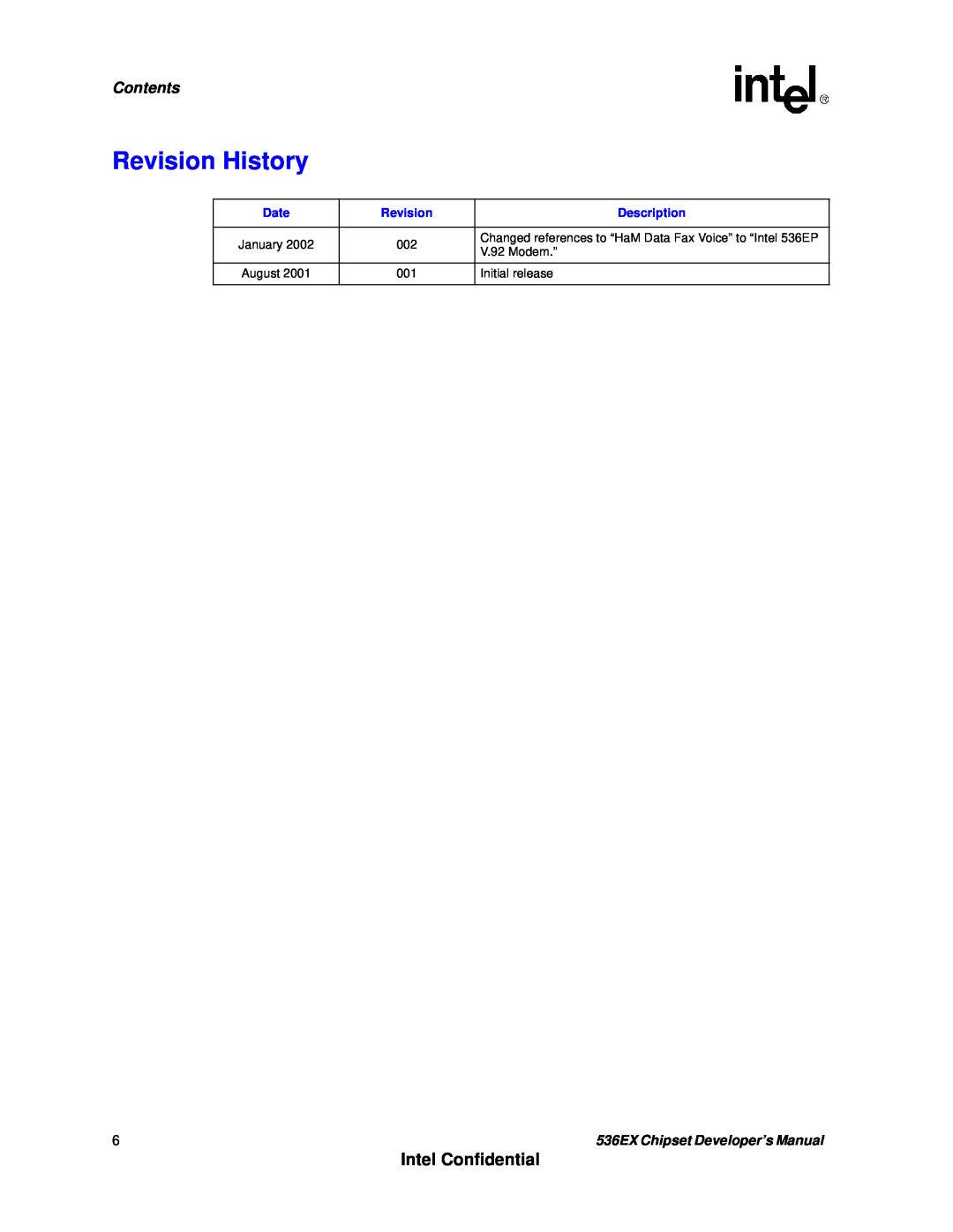 Intel manual Revision History, Intel Confidential, Contents, Date, Description, 536EX Chipset Developer’s Manual 