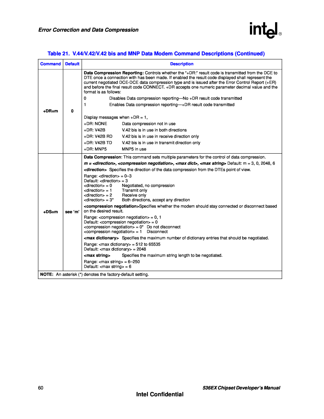 Intel 536EX manual Intel Confidential, Error Correction and Data Compression, +DR=m, direction, +DS=m, <max string> 