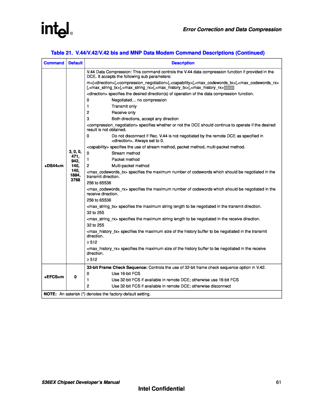 Intel manual Intel Confidential, Error Correction and Data Compression, 536EX Chipset Developer’s Manual, 3768, +EFCS=m 