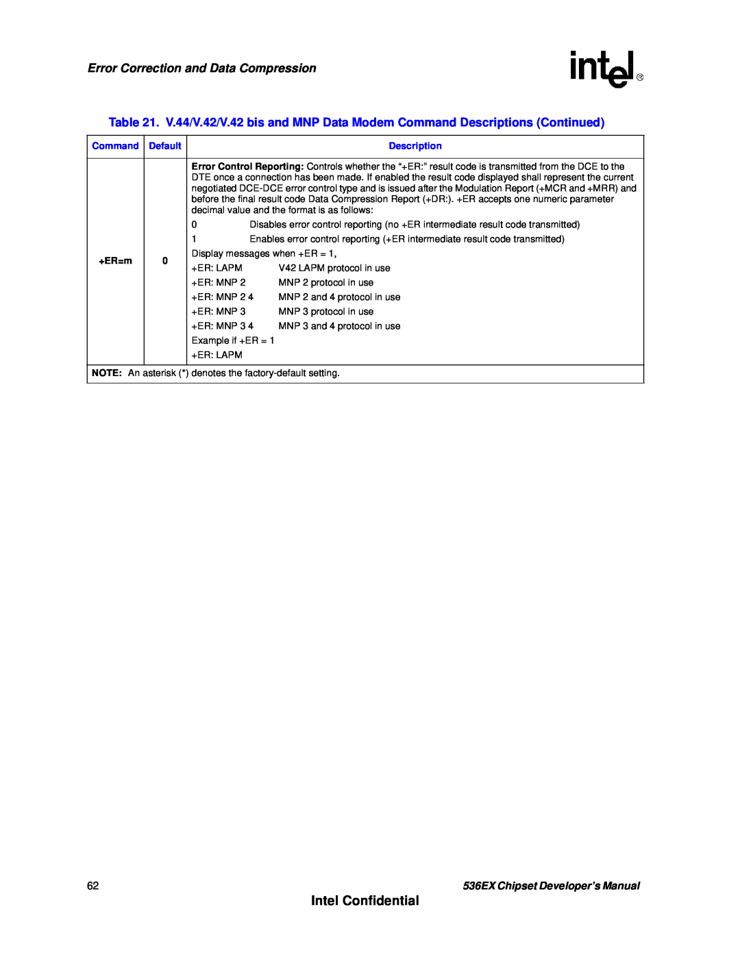 Intel manual Intel Confidential, Error Correction and Data Compression, +ER=m, 536EX Chipset Developer’s Manual 