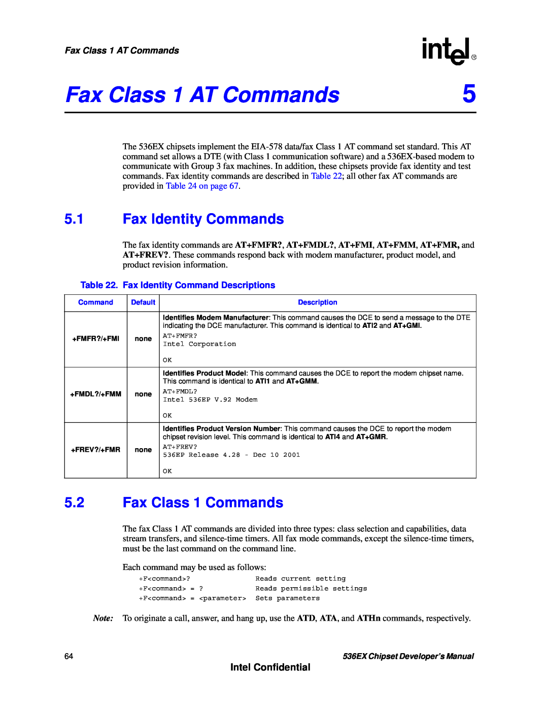Intel 536EX manual Fax Class 1 AT Commands, 5.1Fax Identity Commands, 5.2Fax Class 1 Commands, Intel Confidential 