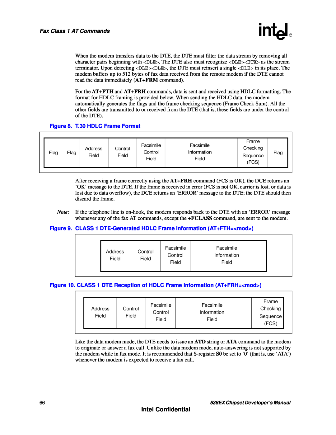 Intel 536EX manual Intel Confidential, Fax Class 1 AT Commands, T.30 HDLC Frame Format 