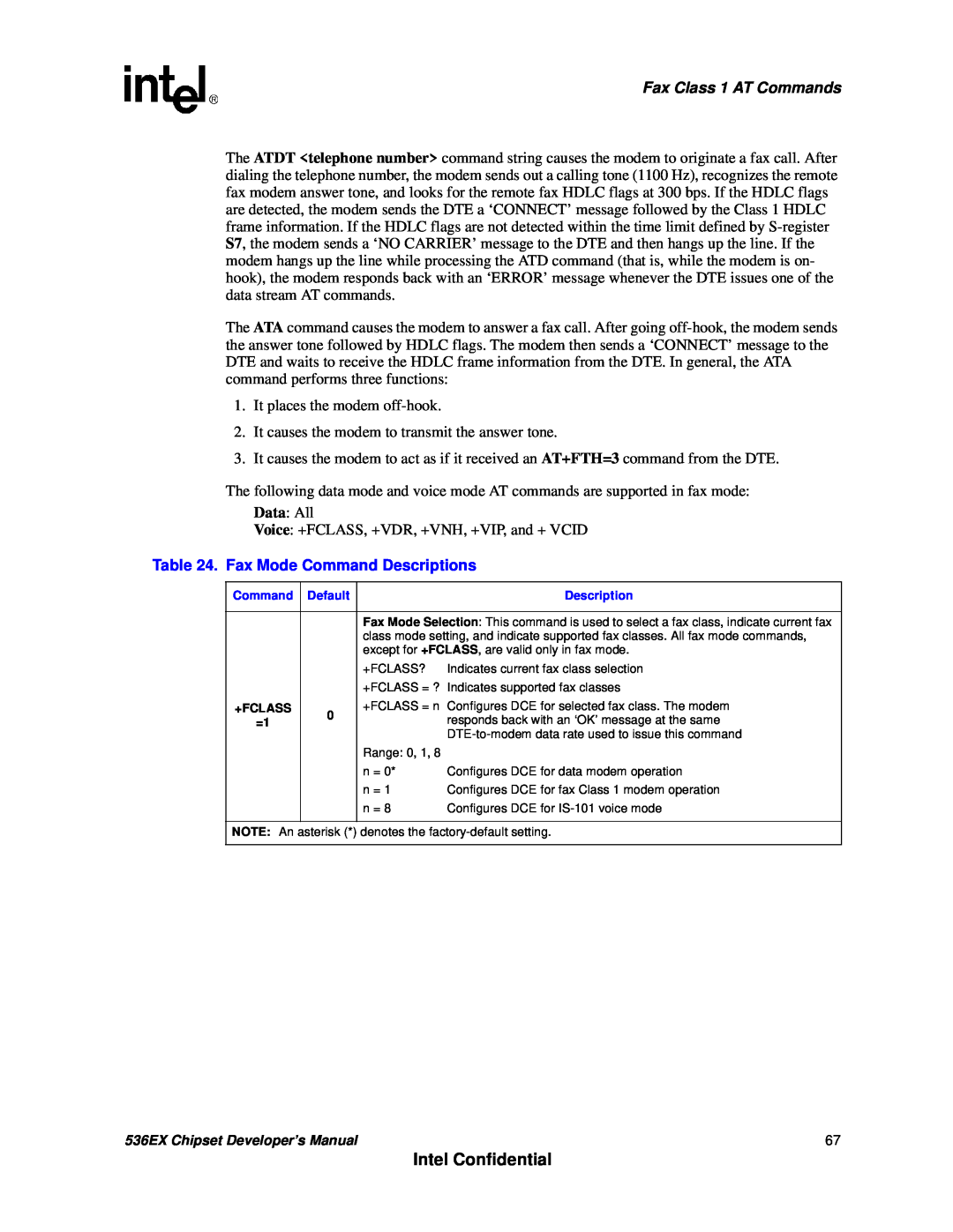 Intel 536EX manual Intel Confidential, Fax Class 1 AT Commands, Fax Mode Command Descriptions 