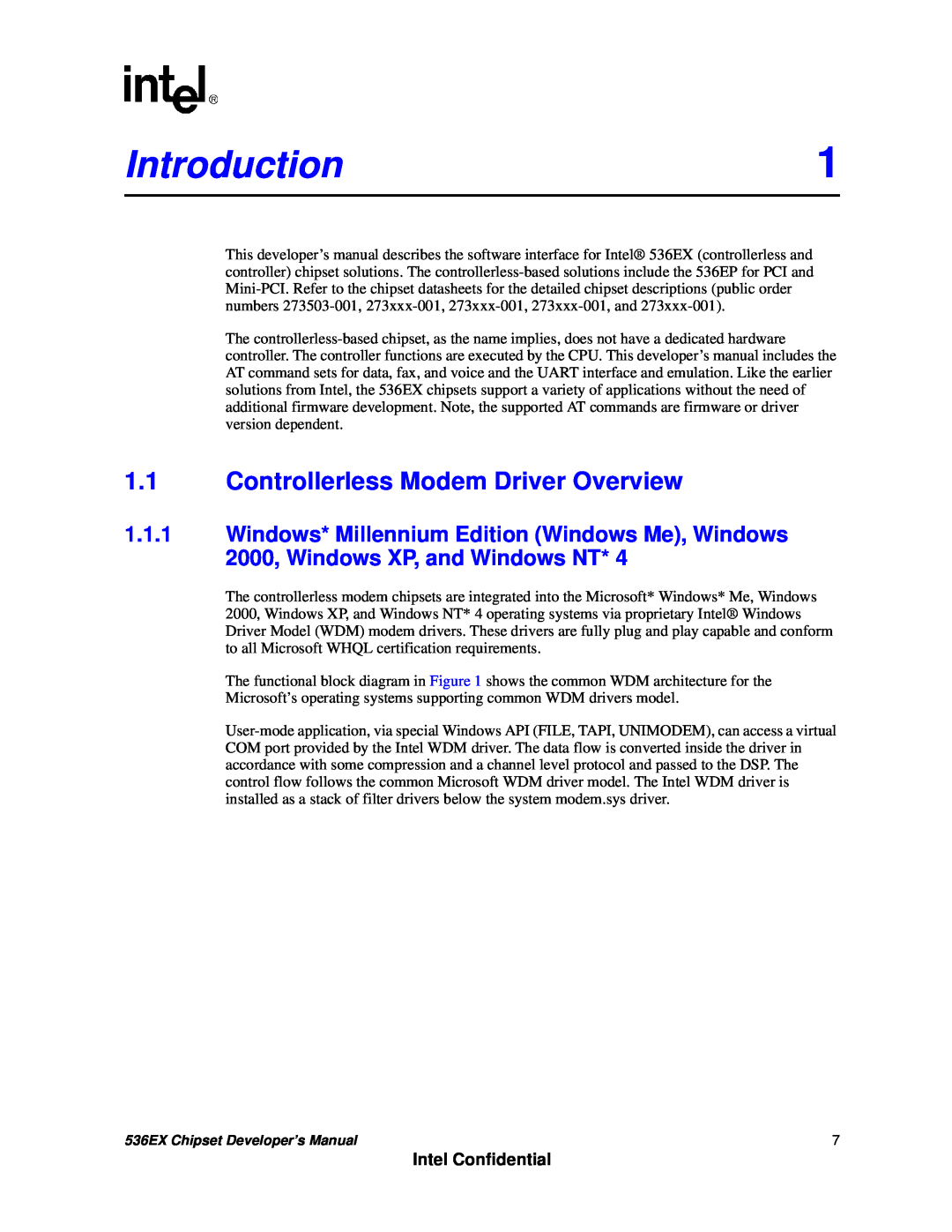 Intel 536EX manual Introduction, 1.1Controllerless Modem Driver Overview, Intel Confidential 