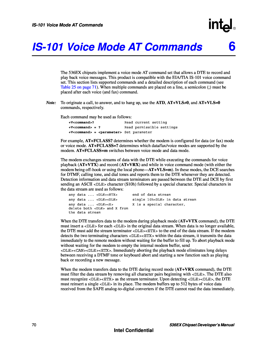 Intel 536EX manual IS-101Voice Mode AT Commands, Intel Confidential 