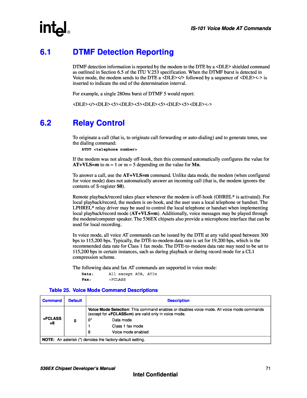 Intel 536EX manual 6.1DTMF Detection Reporting, 6.2Relay Control, Intel Confidential, IS-101Voice Mode AT Commands 