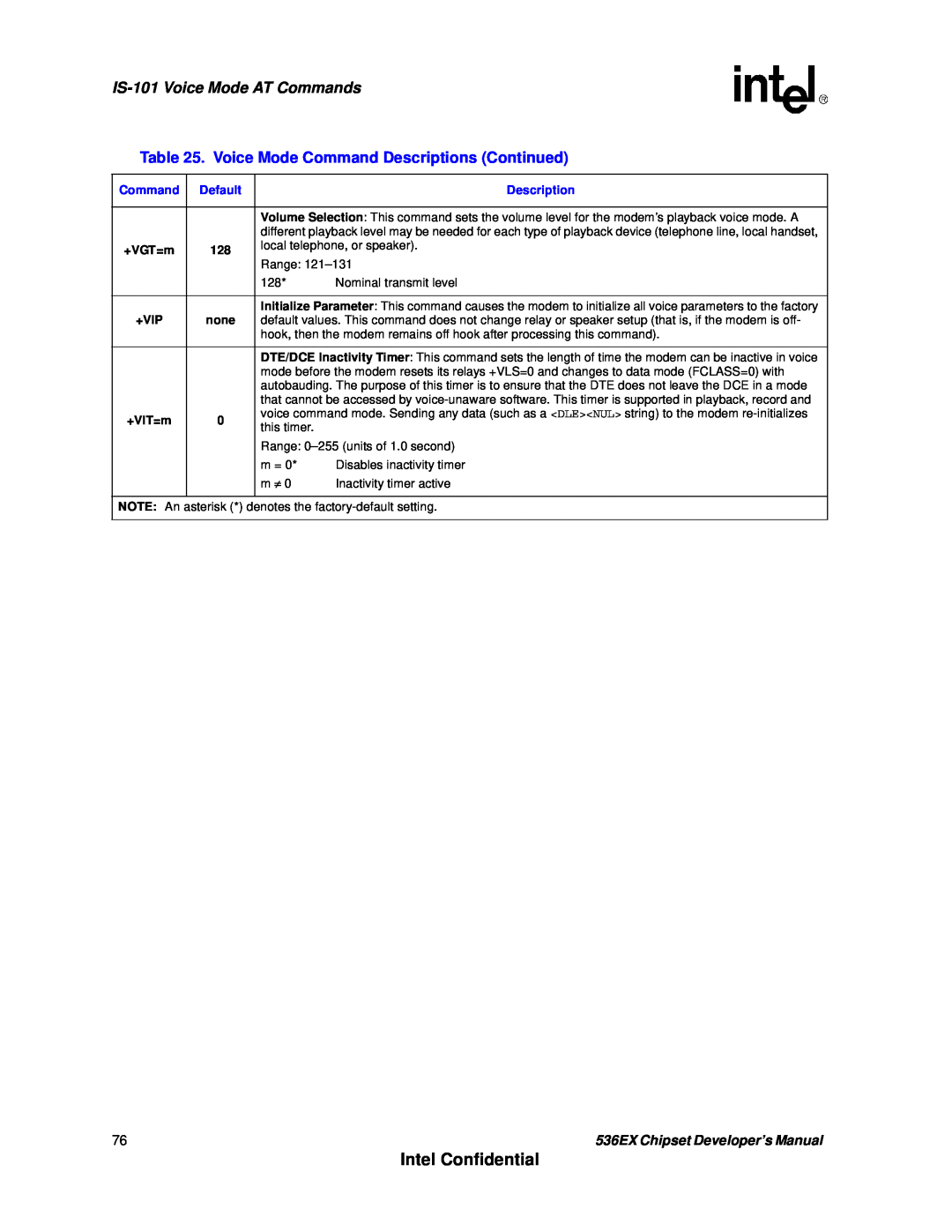 Intel manual Intel Confidential, IS-101Voice Mode AT Commands, +Vip, 536EX Chipset Developer’s Manual 