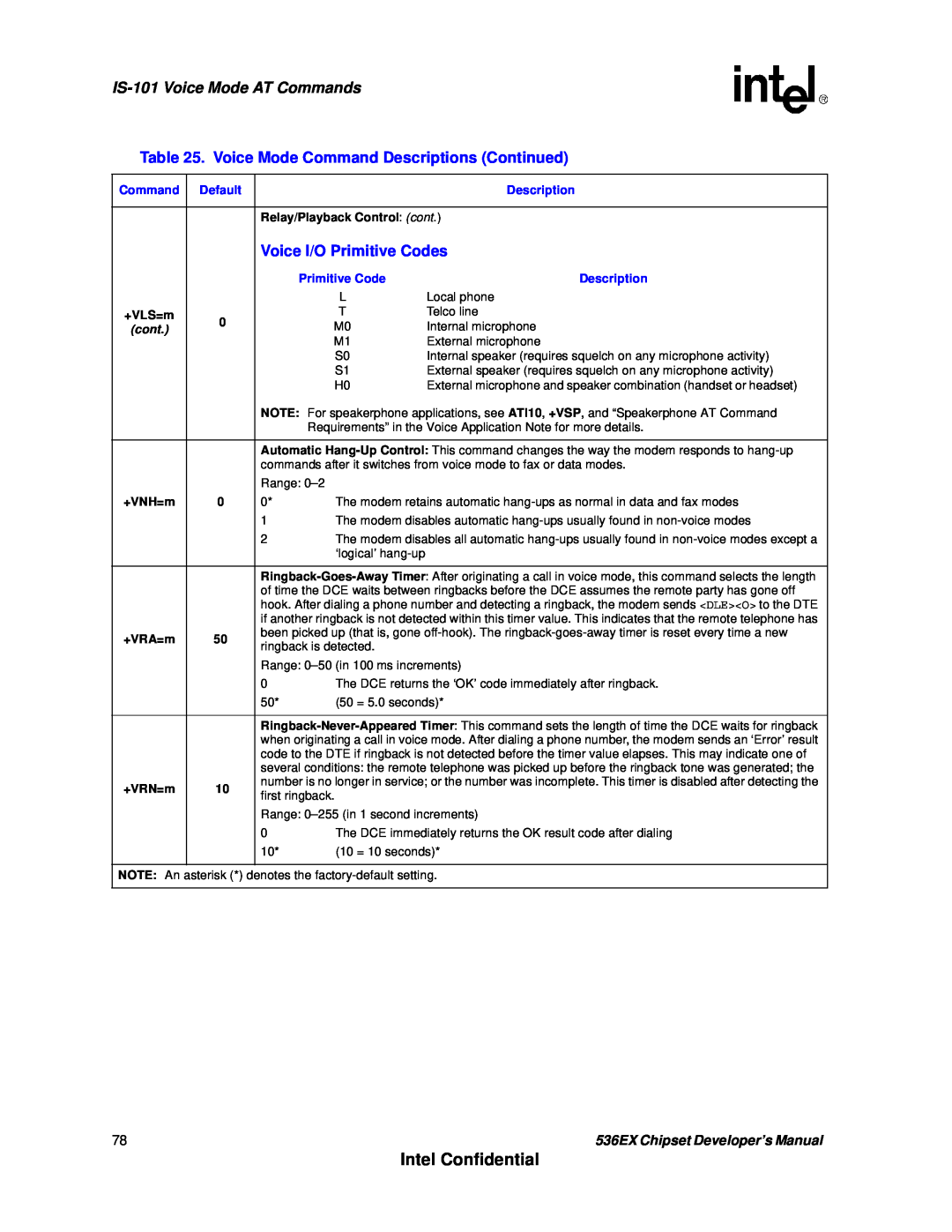 Intel 536EX Intel Confidential, IS-101Voice Mode AT Commands, Voice I/O Primitive Codes, Relay/Playback Control: cont 