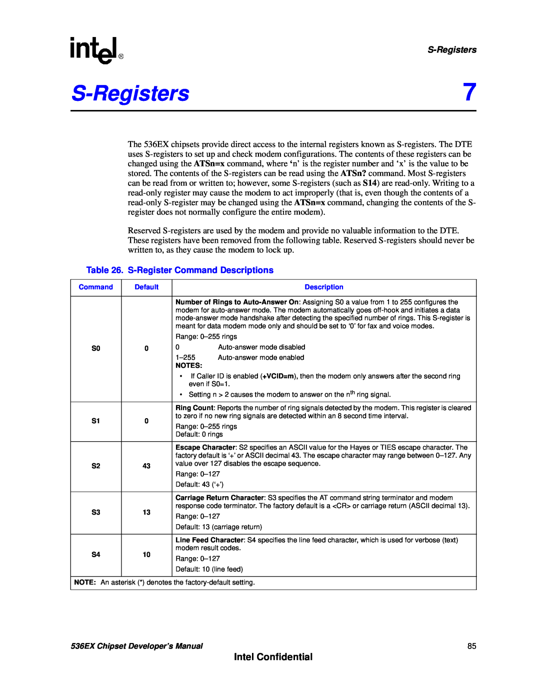 Intel 536EX manual S-Registers, Intel Confidential, S-RegisterCommand Descriptions 