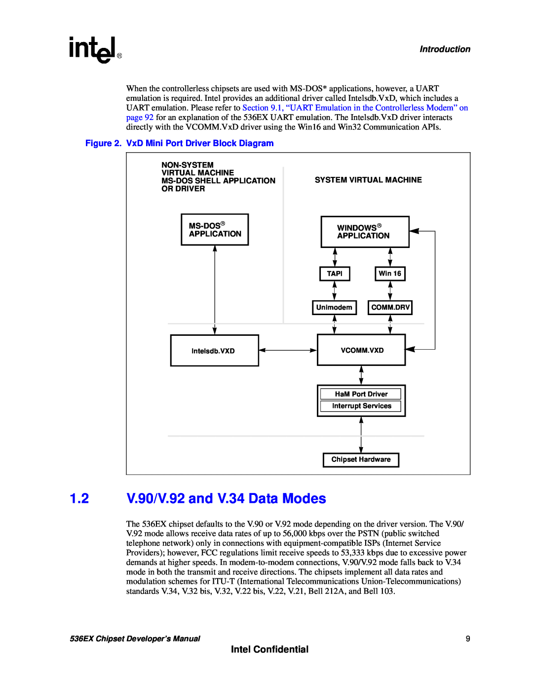 Intel 536EX manual 1.2V.90/V.92 and V.34 Data Modes, Intel Confidential, Introduction, VxD Mini Port Driver Block Diagram 