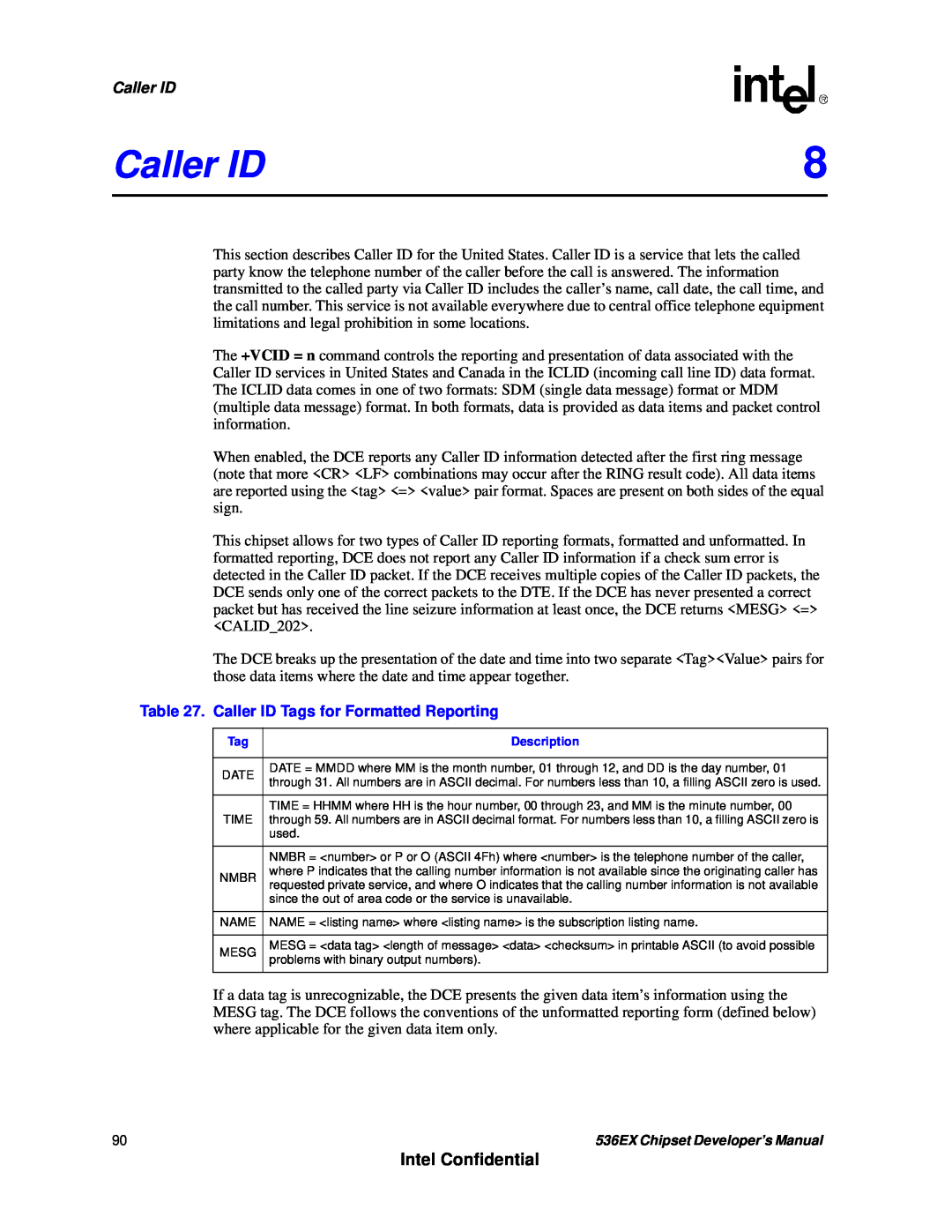 Intel 536EX manual Intel Confidential, Caller ID Tags for Formatted Reporting 
