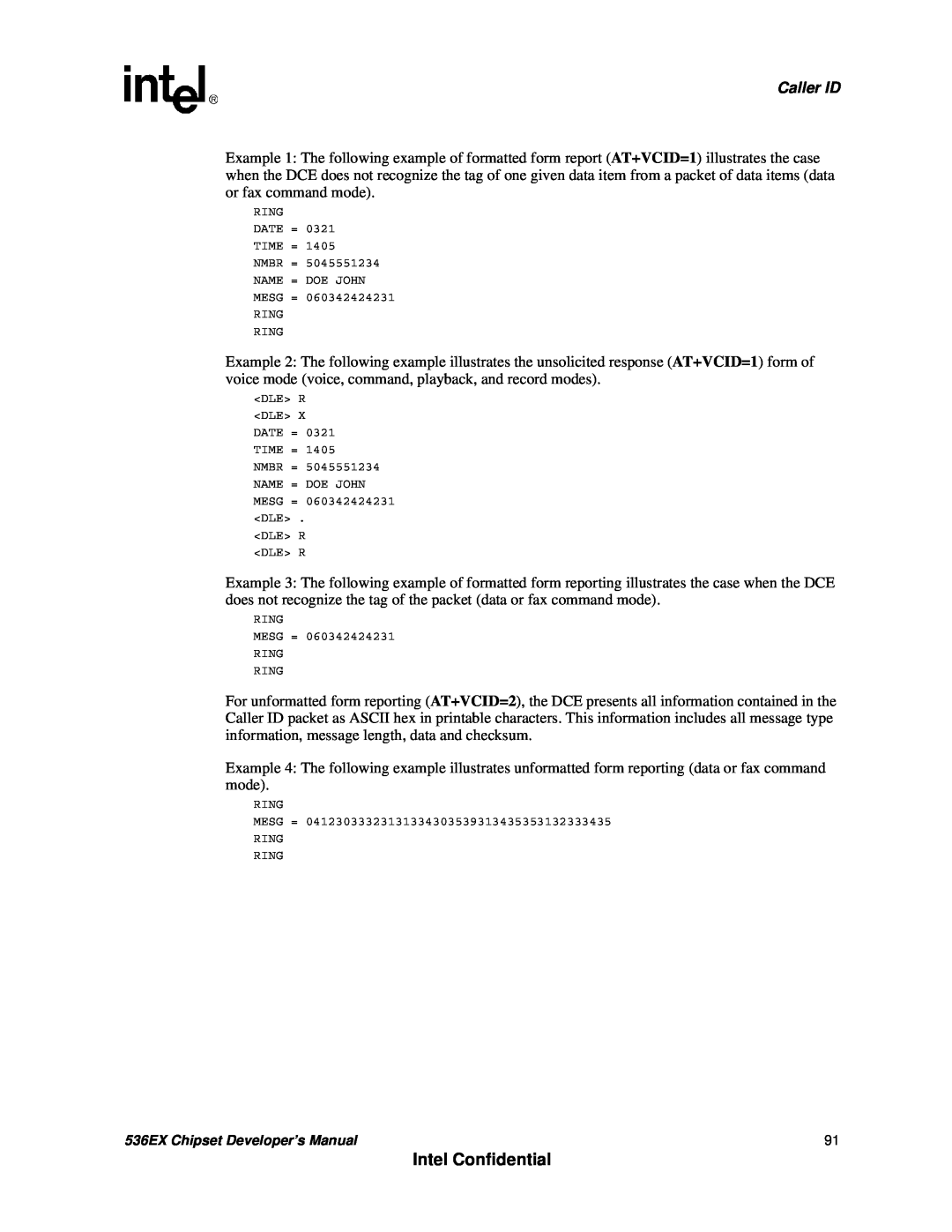 Intel Intel Confidential, Caller ID, 536EX Chipset Developer’s Manual, Ring Date = Time = Nmbr = Name = Doe John Mesg = 