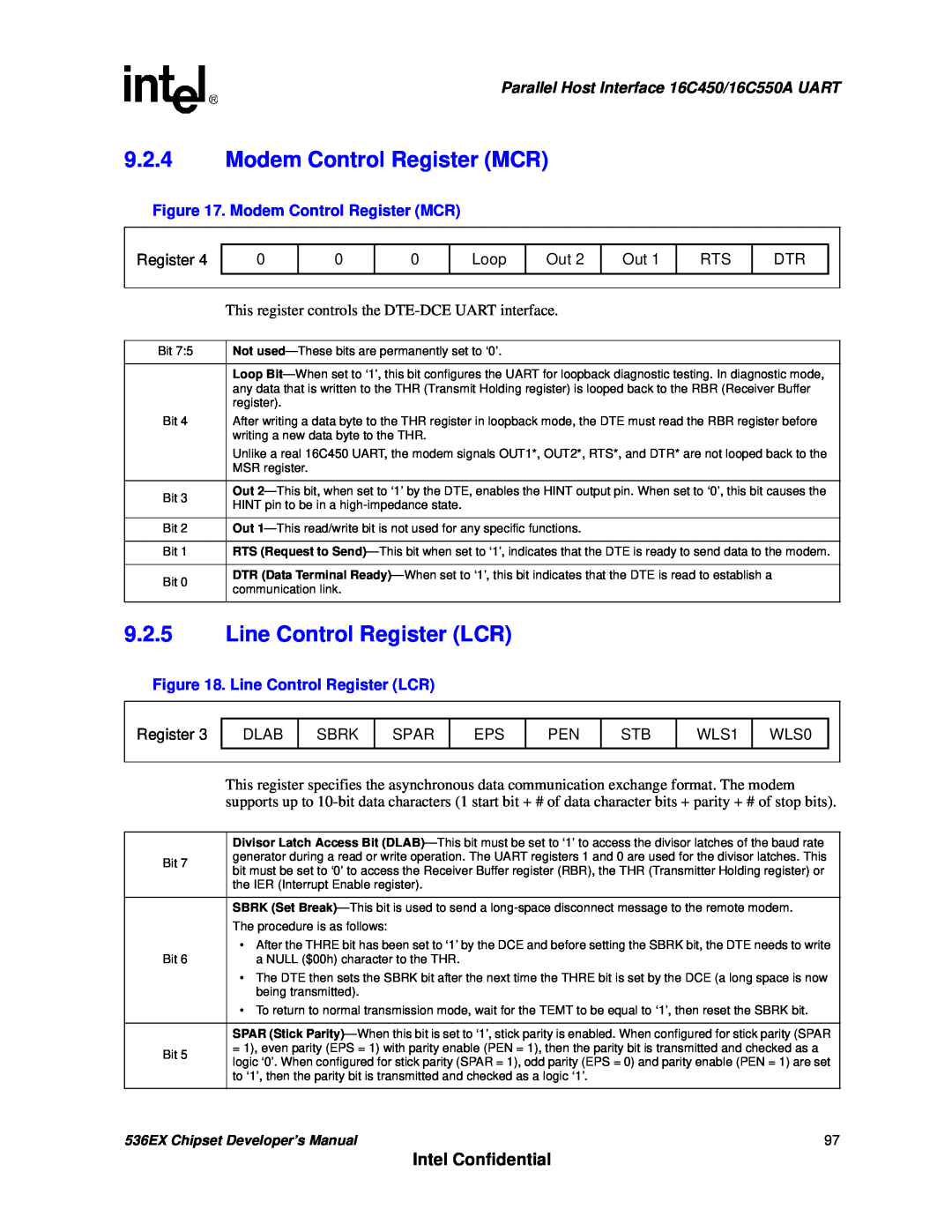 Intel 536EX manual 9.2.4Modem Control Register MCR, 9.2.5Line Control Register LCR, Intel Confidential 