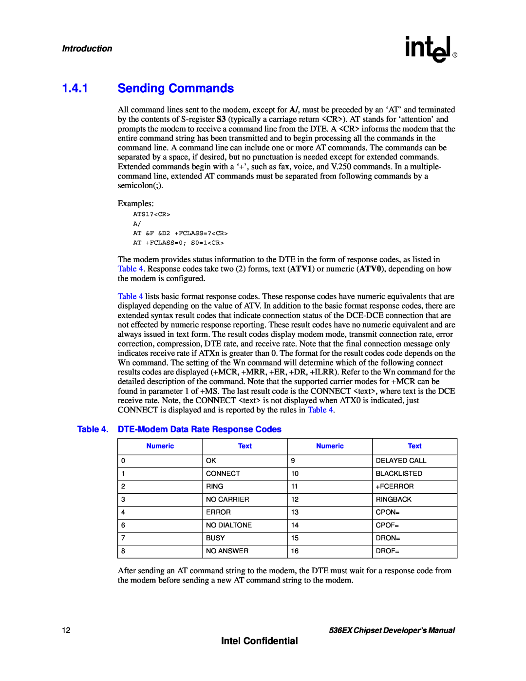 Intel 537EX manual 1.4.1Sending Commands, Intel Confidential, Introduction, DTE-ModemData Rate Response Codes 