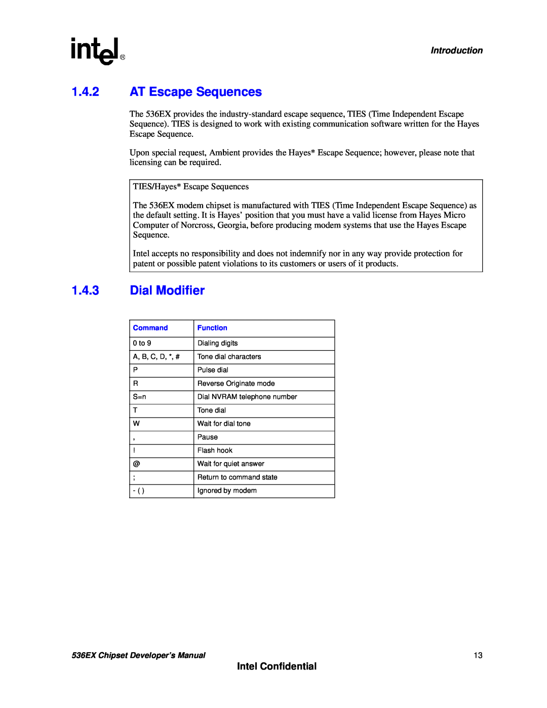 Intel 537EX manual 1.4.2AT Escape Sequences, 1.4.3Dial Modifier, Intel Confidential, Introduction 