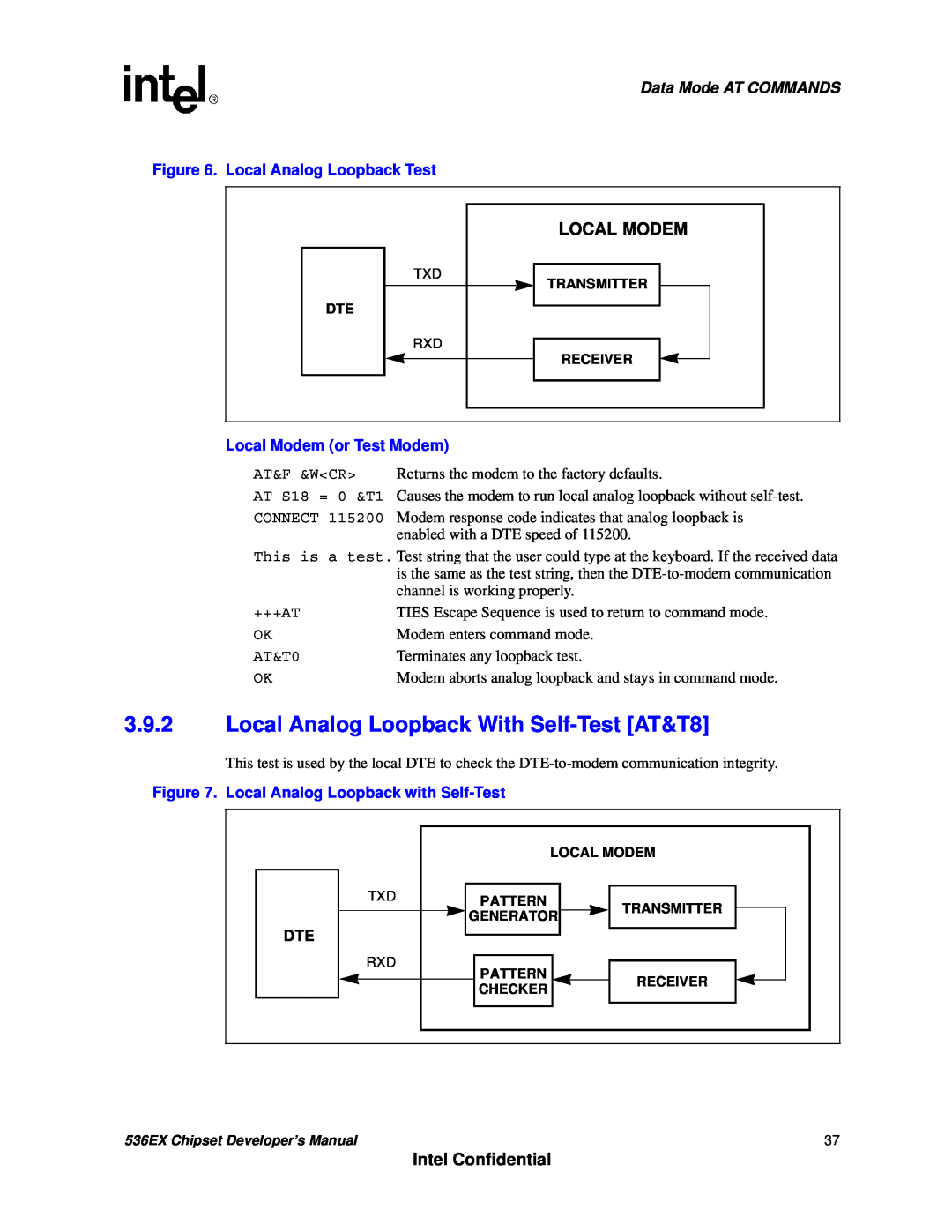 Intel 537EX manual 3.9.2Local Analog Loopback With Self-TestAT&T8, Intel Confidential, Local Modem, Data Mode AT COMMANDS 