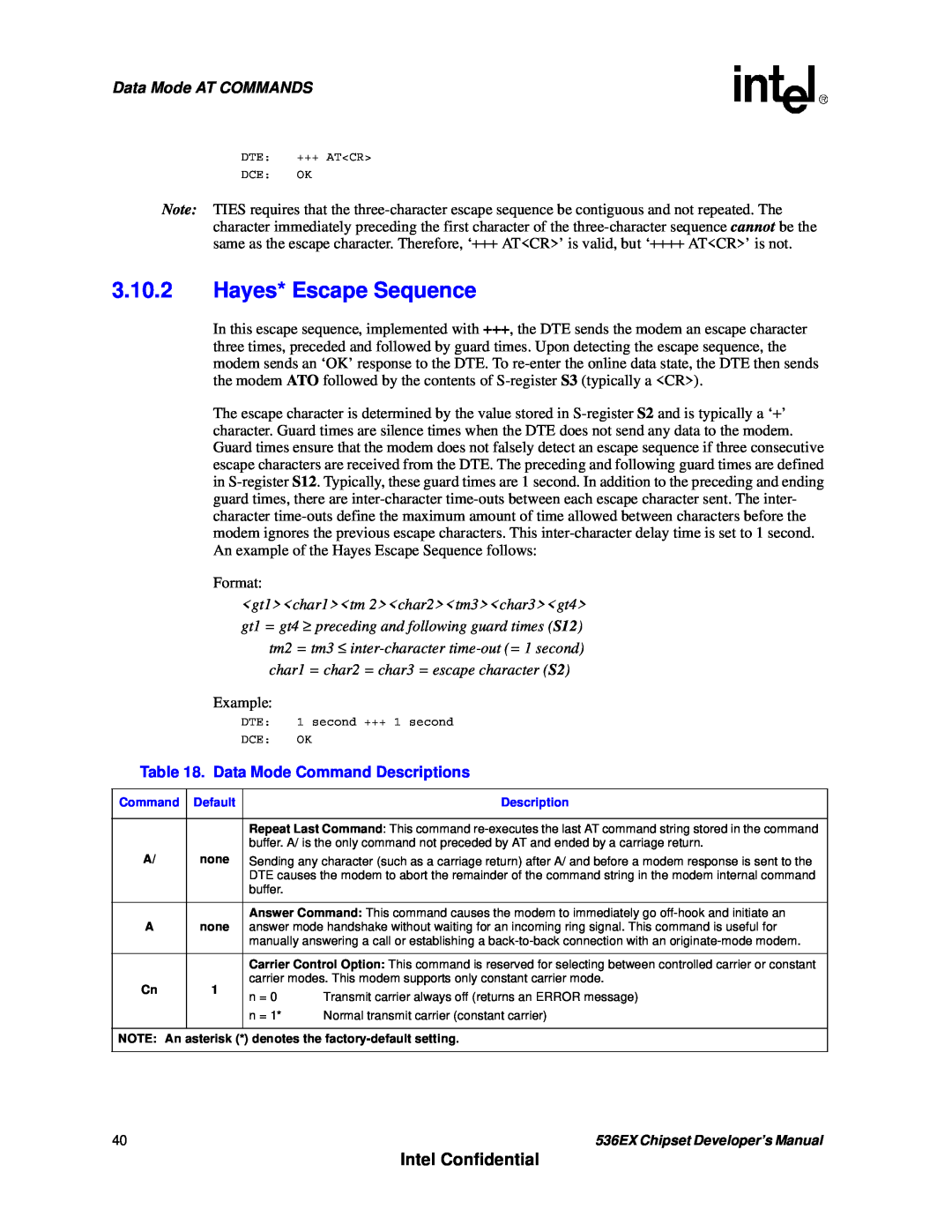 Intel 537EX manual 3.10.2Hayes* Escape Sequence, Intel Confidential, Data Mode AT COMMANDS, Data Mode Command Descriptions 