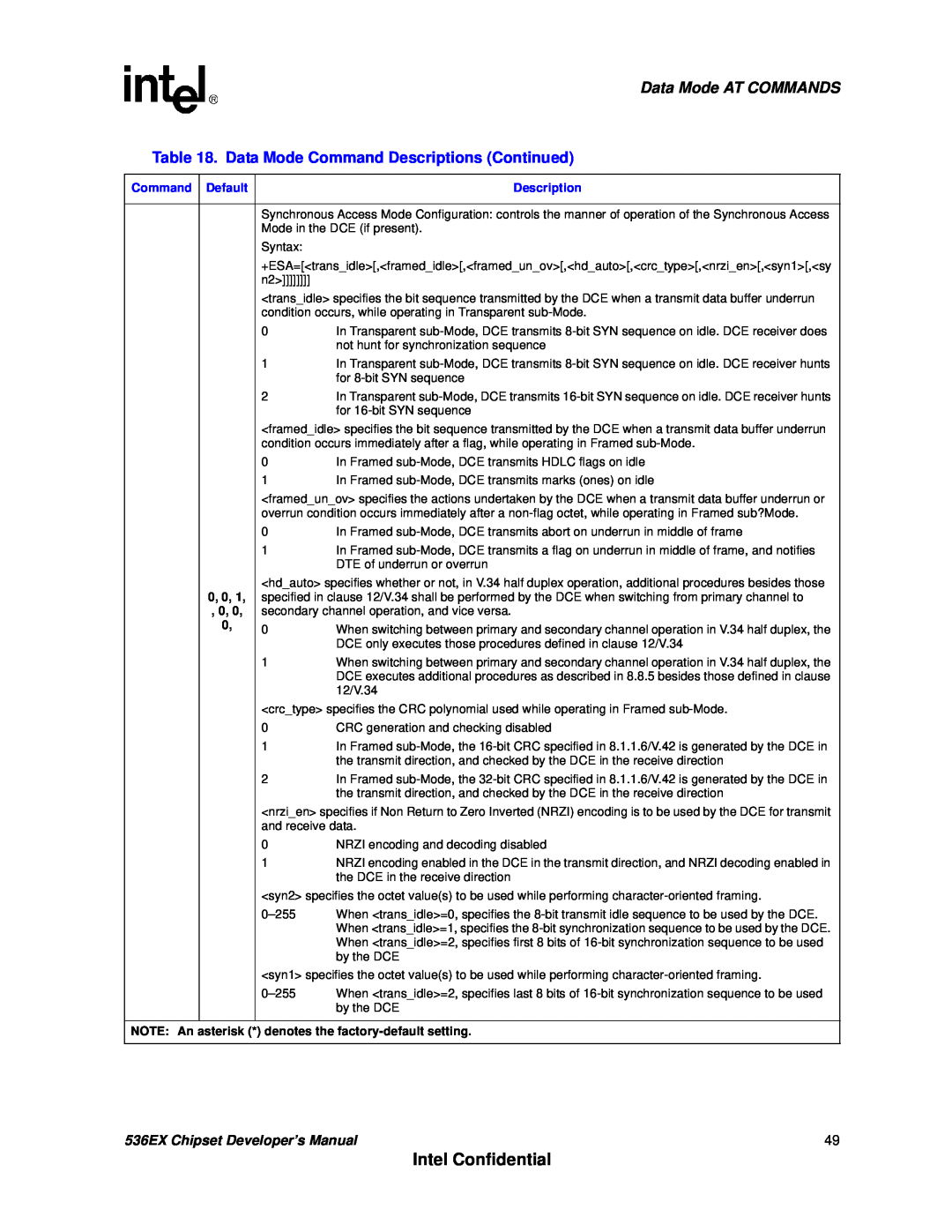 Intel 537EX manual Intel Confidential, Data Mode AT COMMANDS, 536EX Chipset Developer’s Manual 