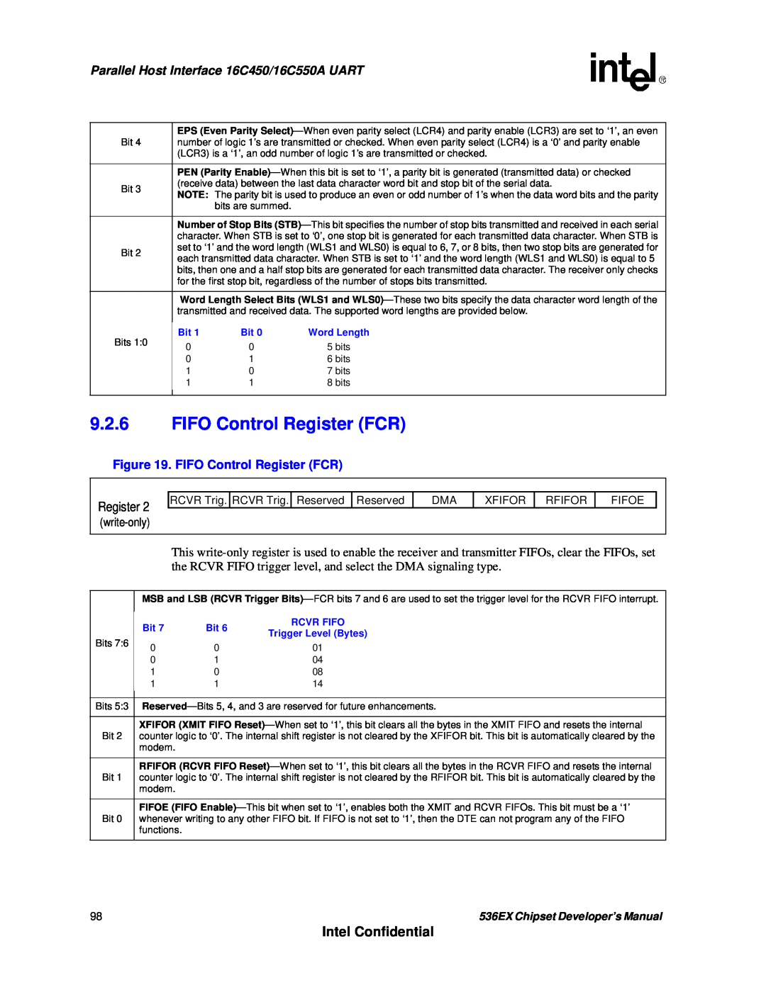 Intel 537EX manual 9.2.6FIFO Control Register FCR, Intel Confidential, Parallel Host Interface 16C450/16C550A UART 