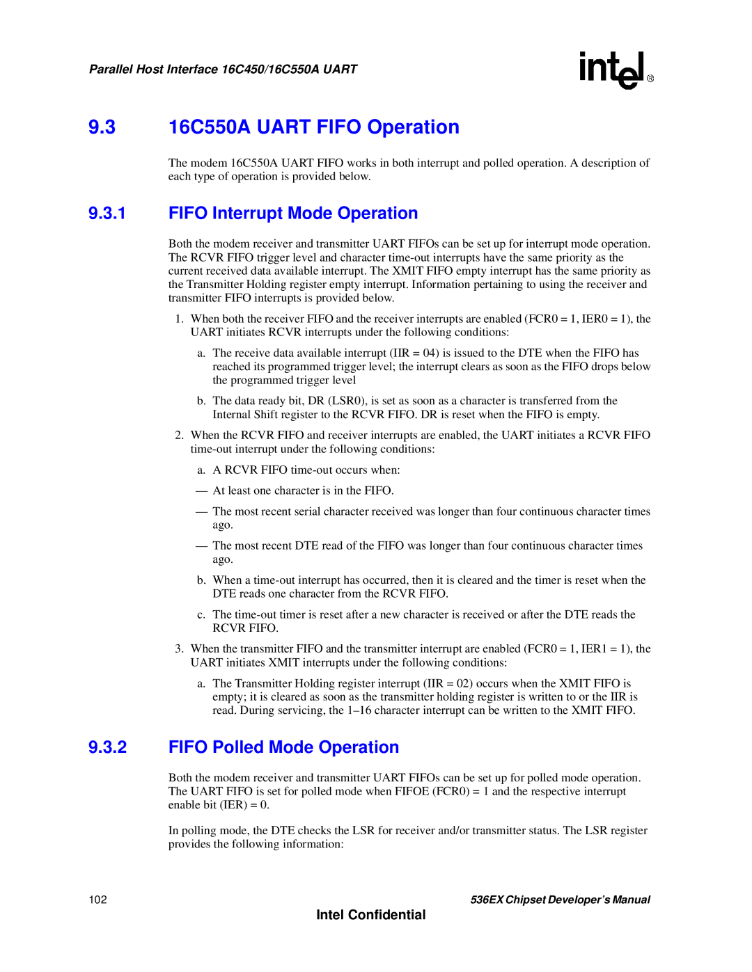 Intel 537EX manual 16C550A Uart Fifo Operation, Fifo Interrupt Mode Operation, Fifo Polled Mode Operation, 102 