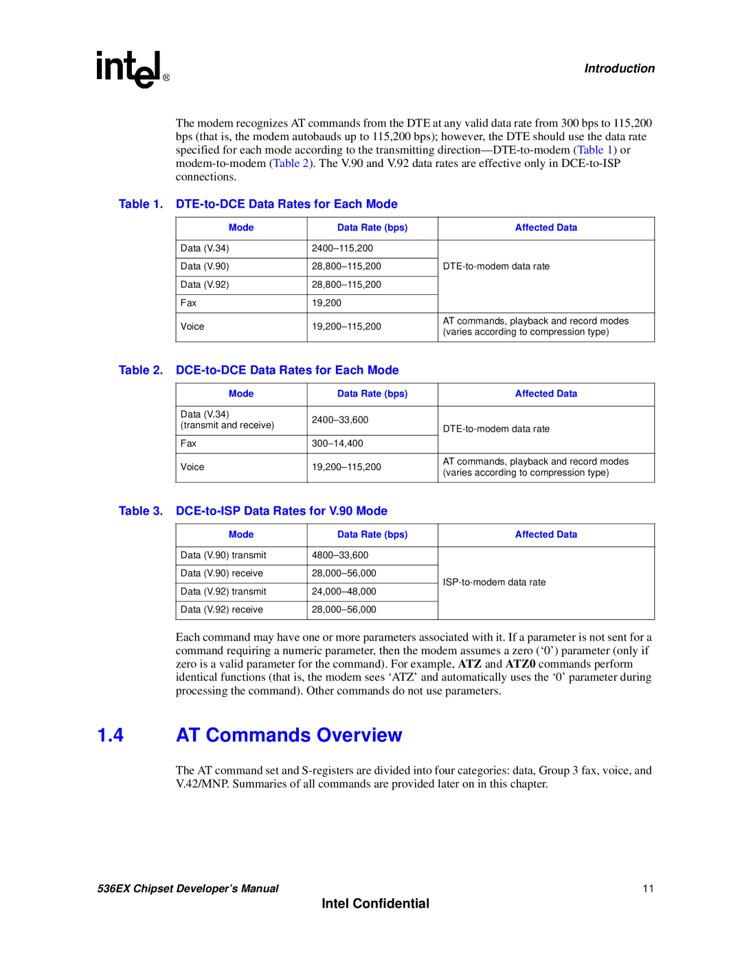 Intel 537EX manual AT Commands Overview, DTE-to-DCE Data Rates for Each Mode, DCE-to-DCE Data Rates for Each Mode 